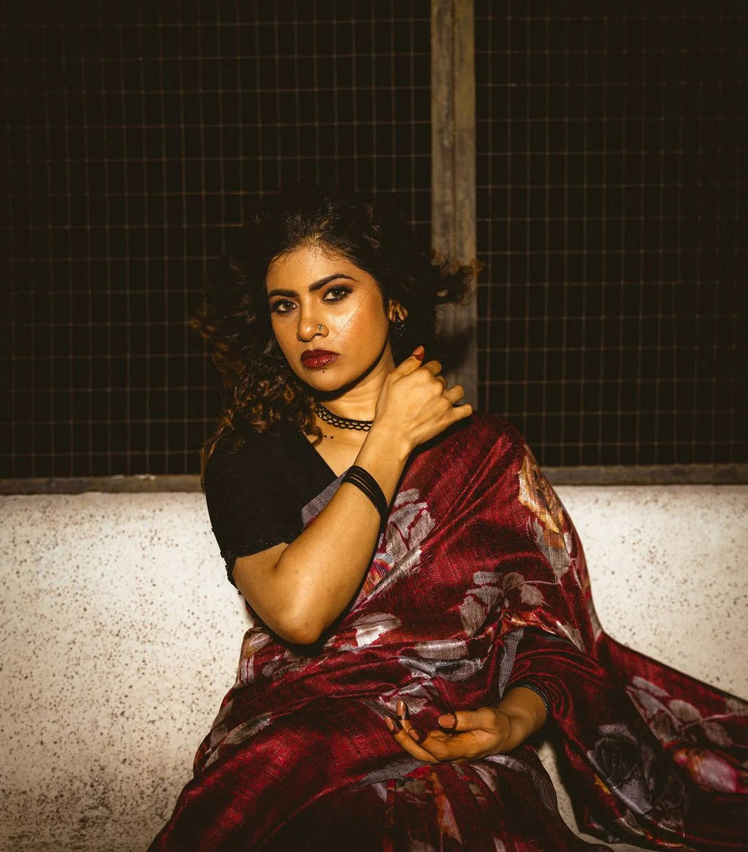 Elegant Crimson Red Tussar Saree Digital Embroidery