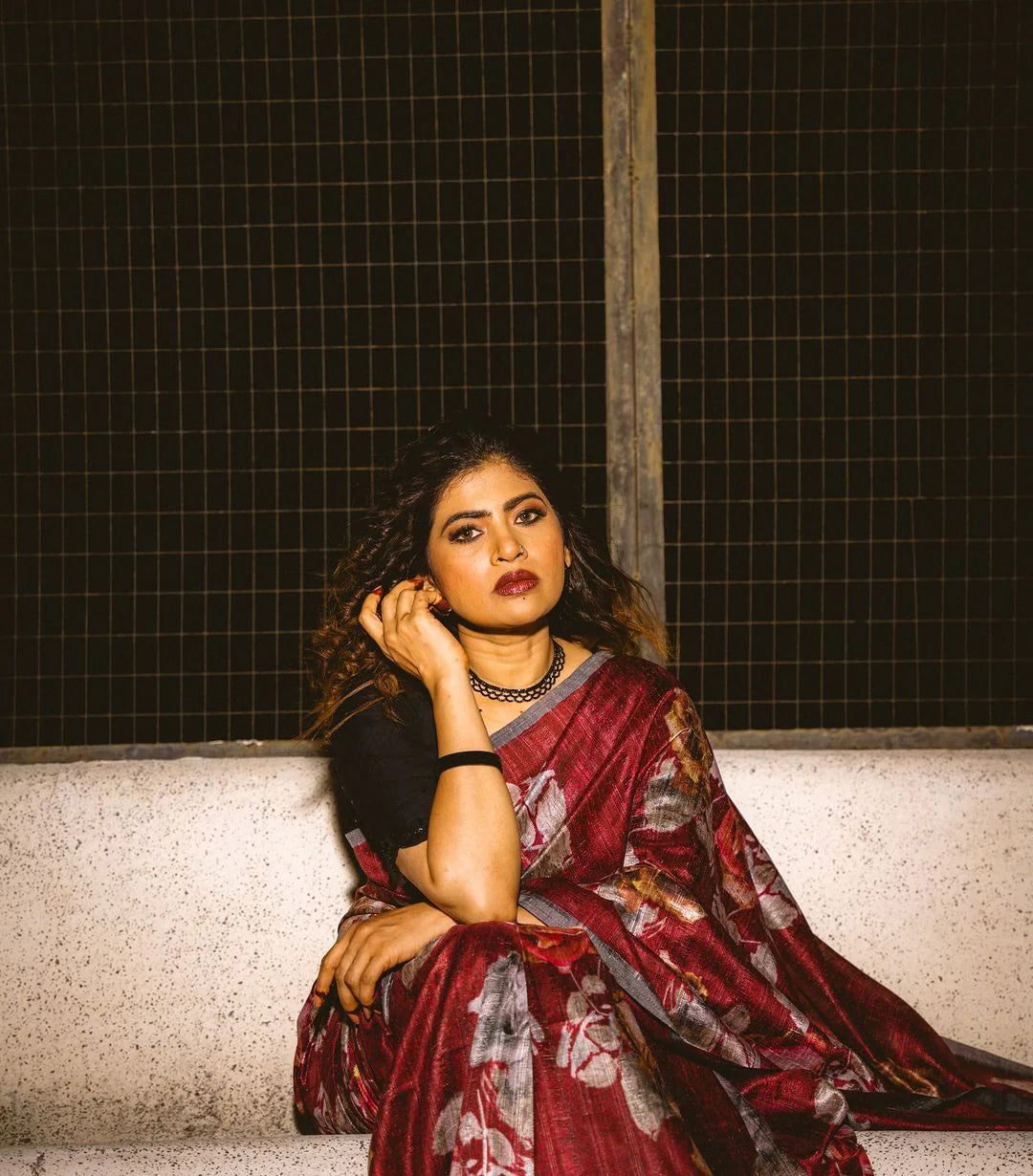 Elegant Crimson Red Tussar Saree Digital Embroidery