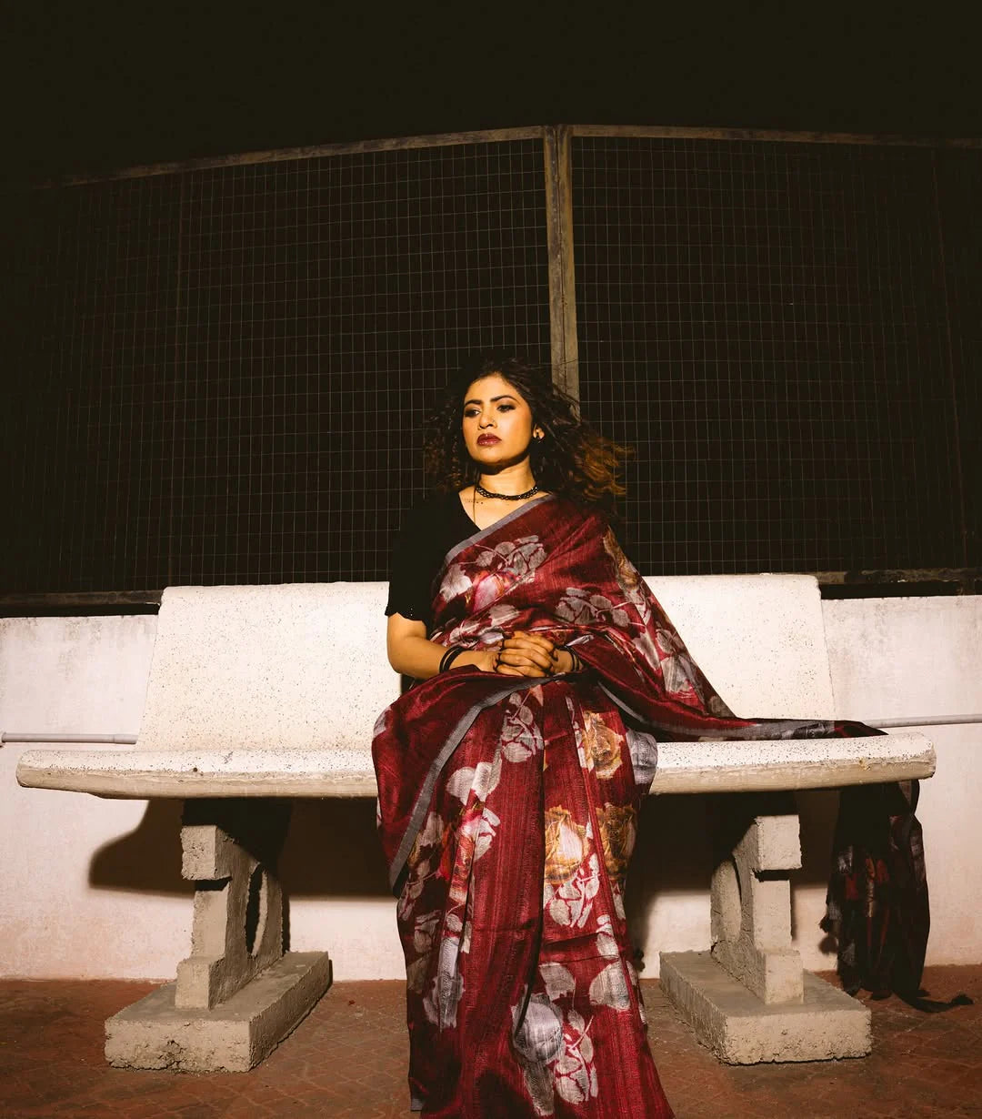Elegant Crimson Red Tussar Saree Digital Embroidery