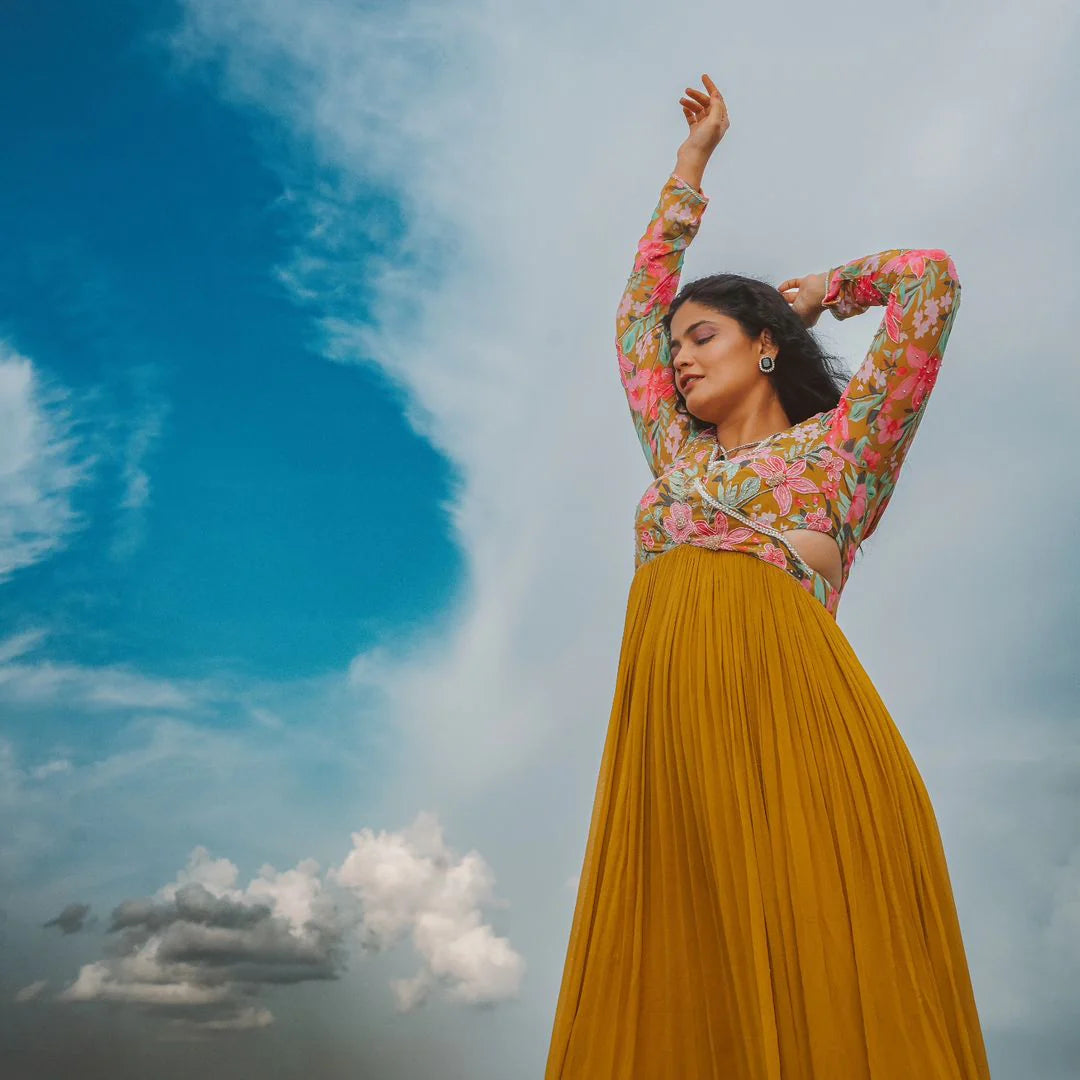 Graceful Daffodil Yellow Georgette Flared Long Frock Hand Embroidery