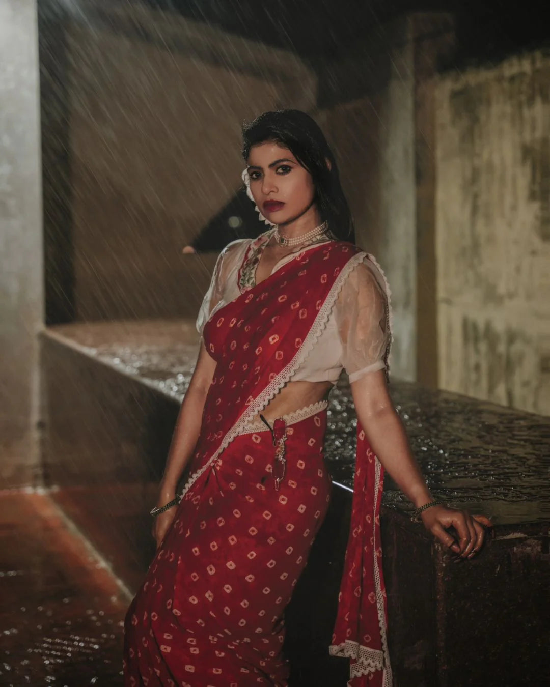 Royal Red Georgette Hand Bandhani Saree Stitched Blouse