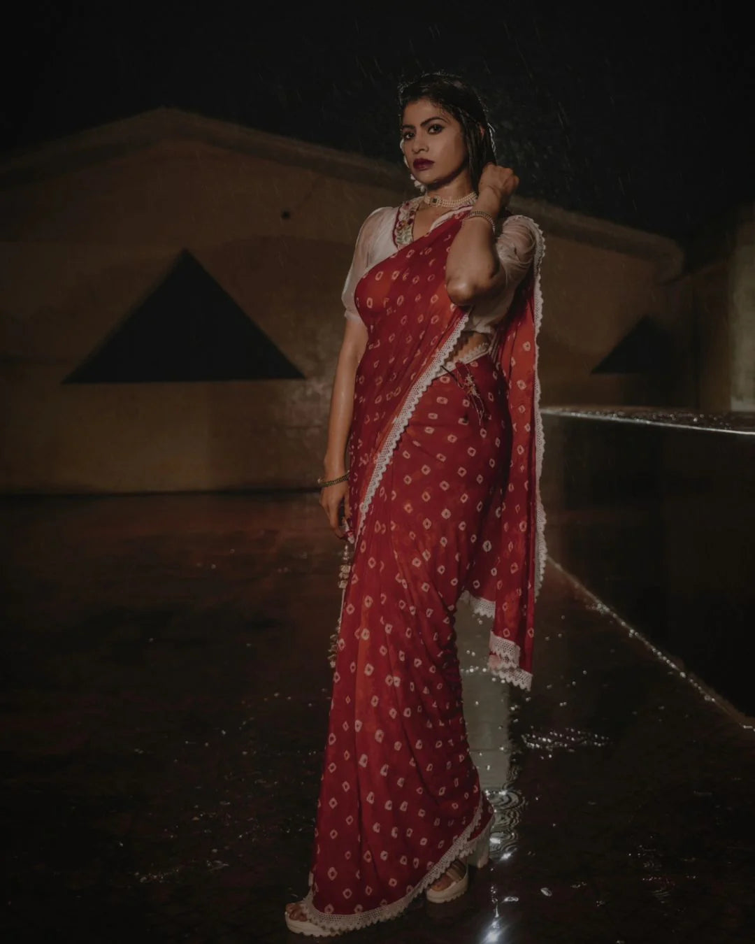 Royal Red Georgette Hand Bandhani Saree Stitched Blouse