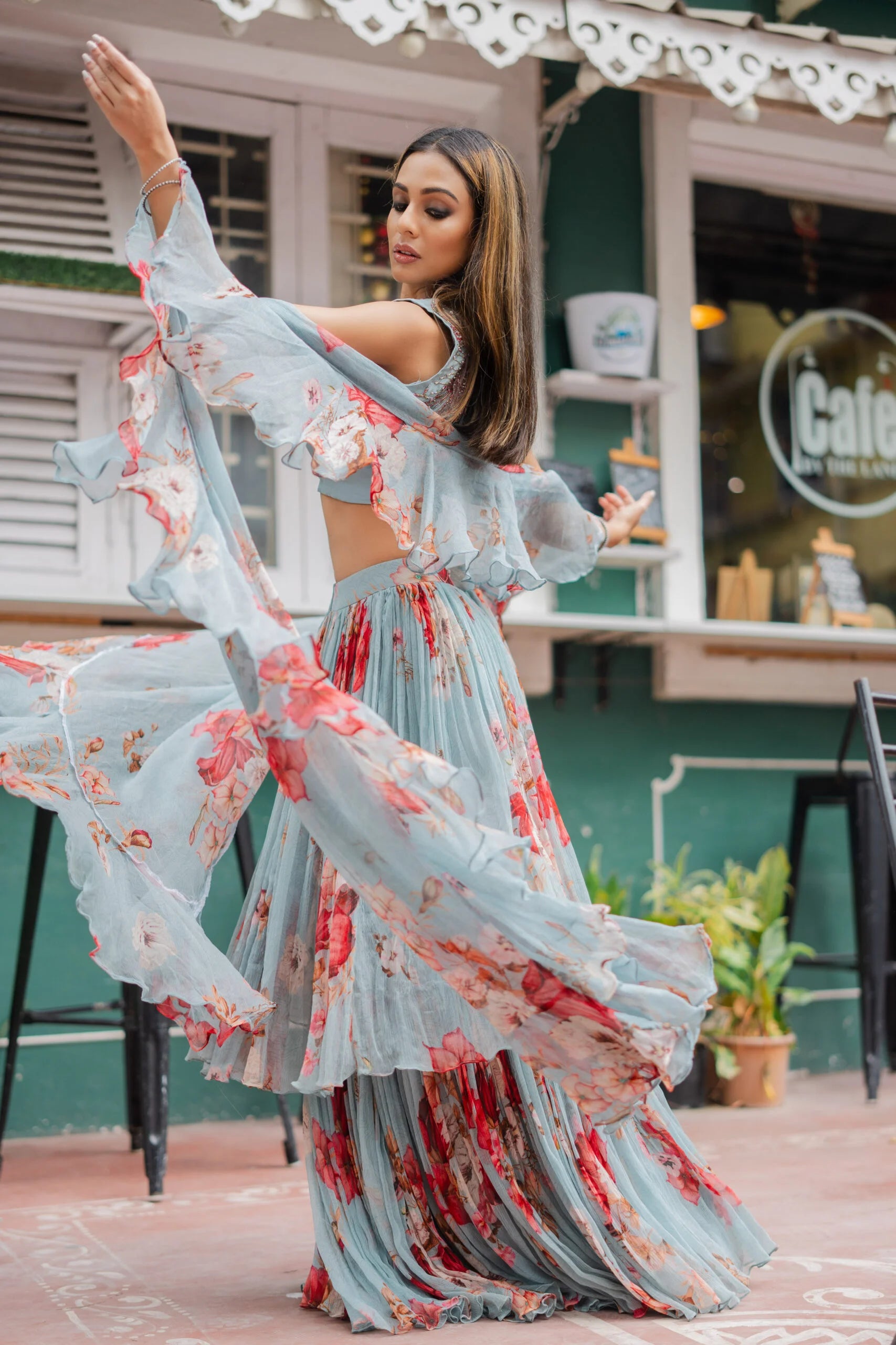 Coral Ocean Pastel Blue & Coral Floral Chiffon Lehenga Set - Wedding Lehenga