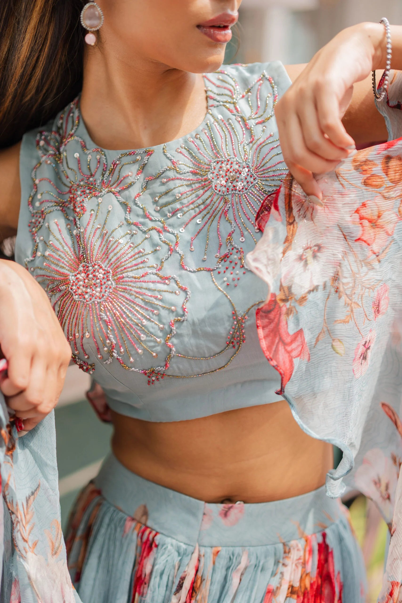 Coral Ocean Pastel Blue & Coral Floral Chiffon Lehenga Set - Wedding Lehenga