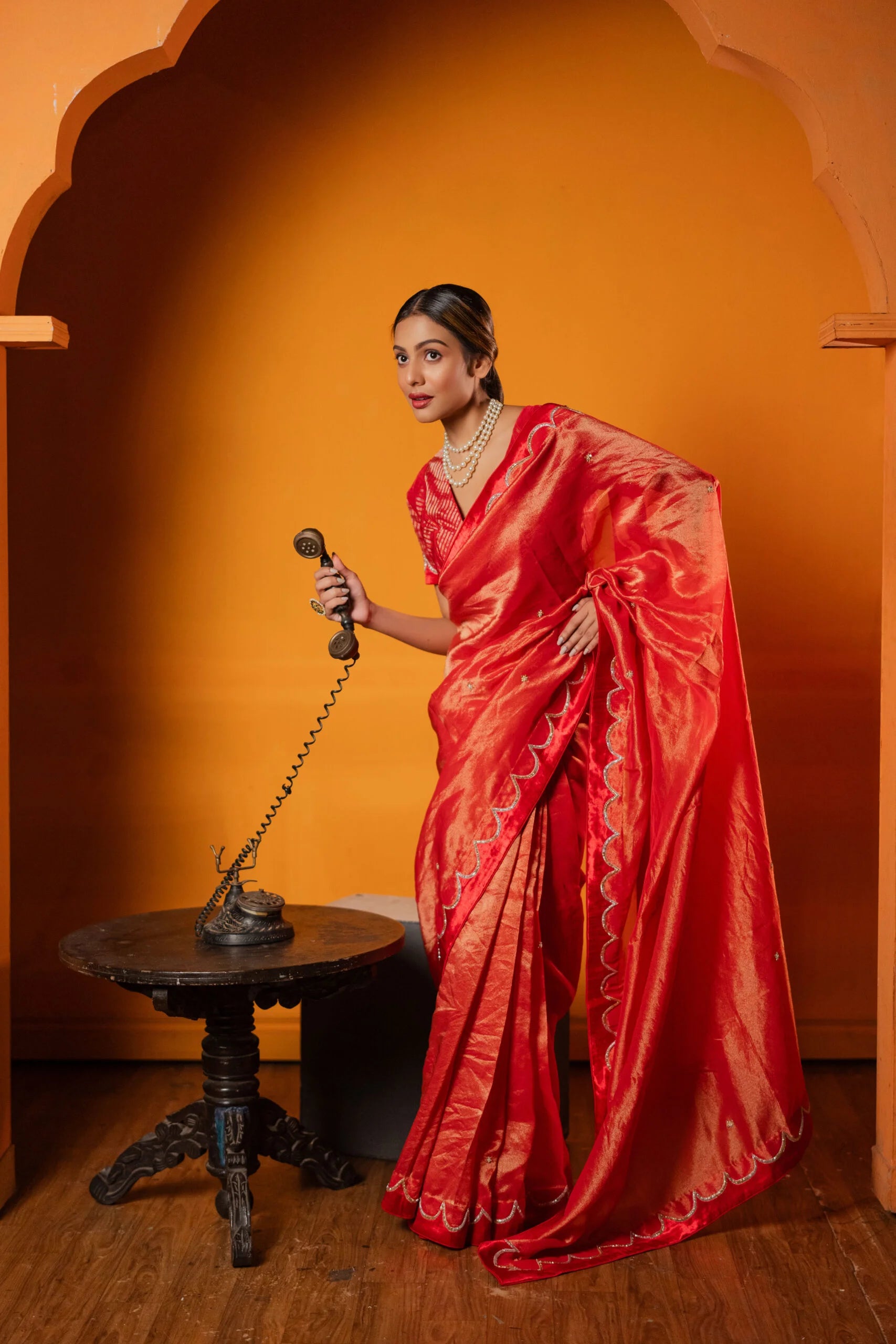 Scarlet Bee Balam Red Floral Tissue Saree - Ethnic Wear