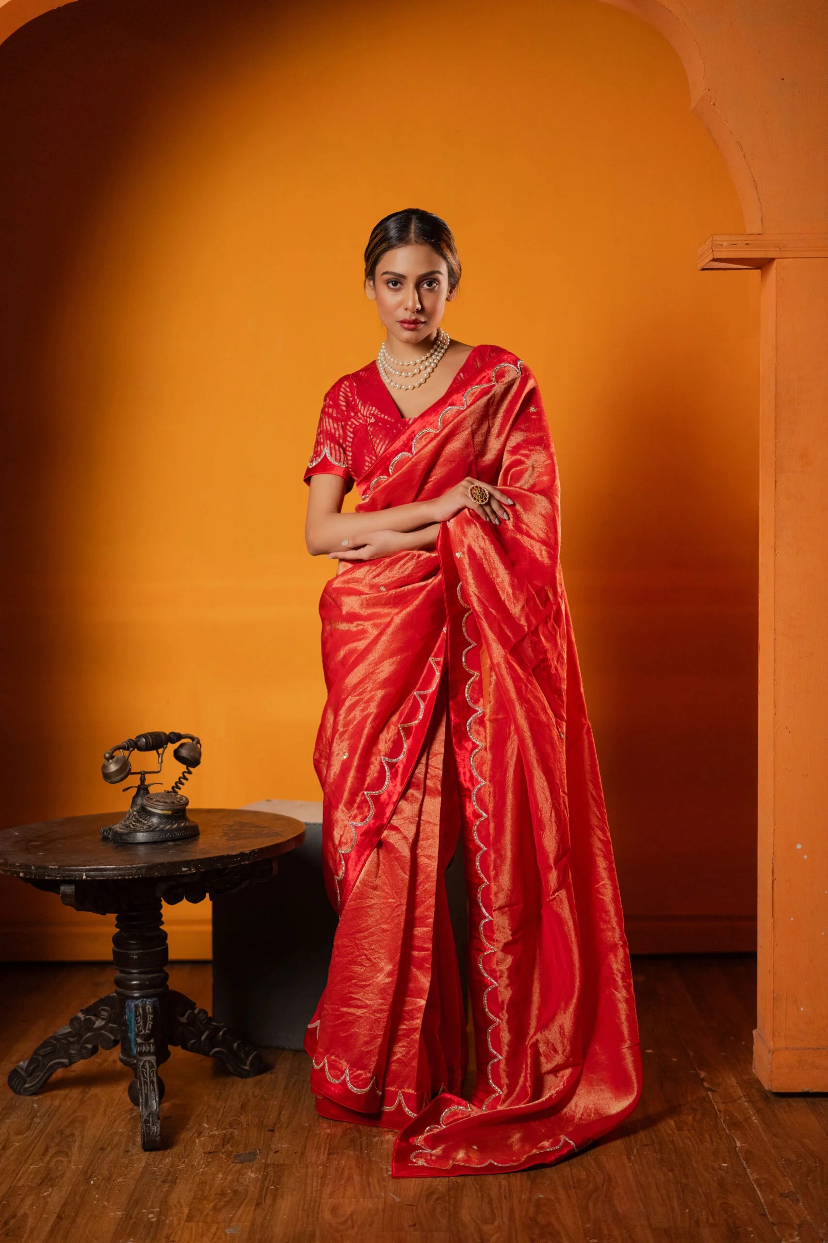 Scarlet Bee Balam Red Floral Tissue Saree - Ethnic Wear