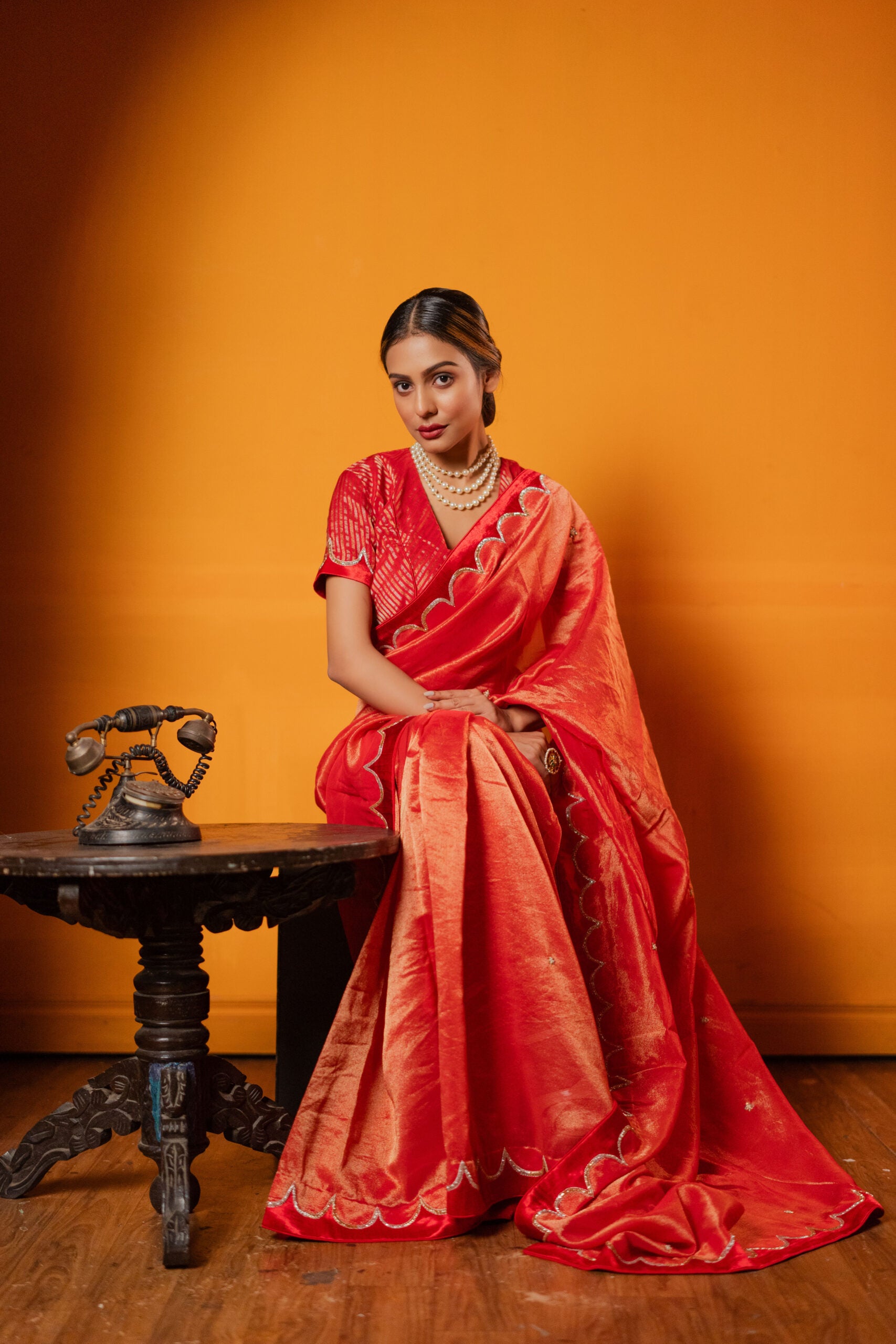Scarlet Bee Balam Red Floral Tissue Saree - Ethnic Wear