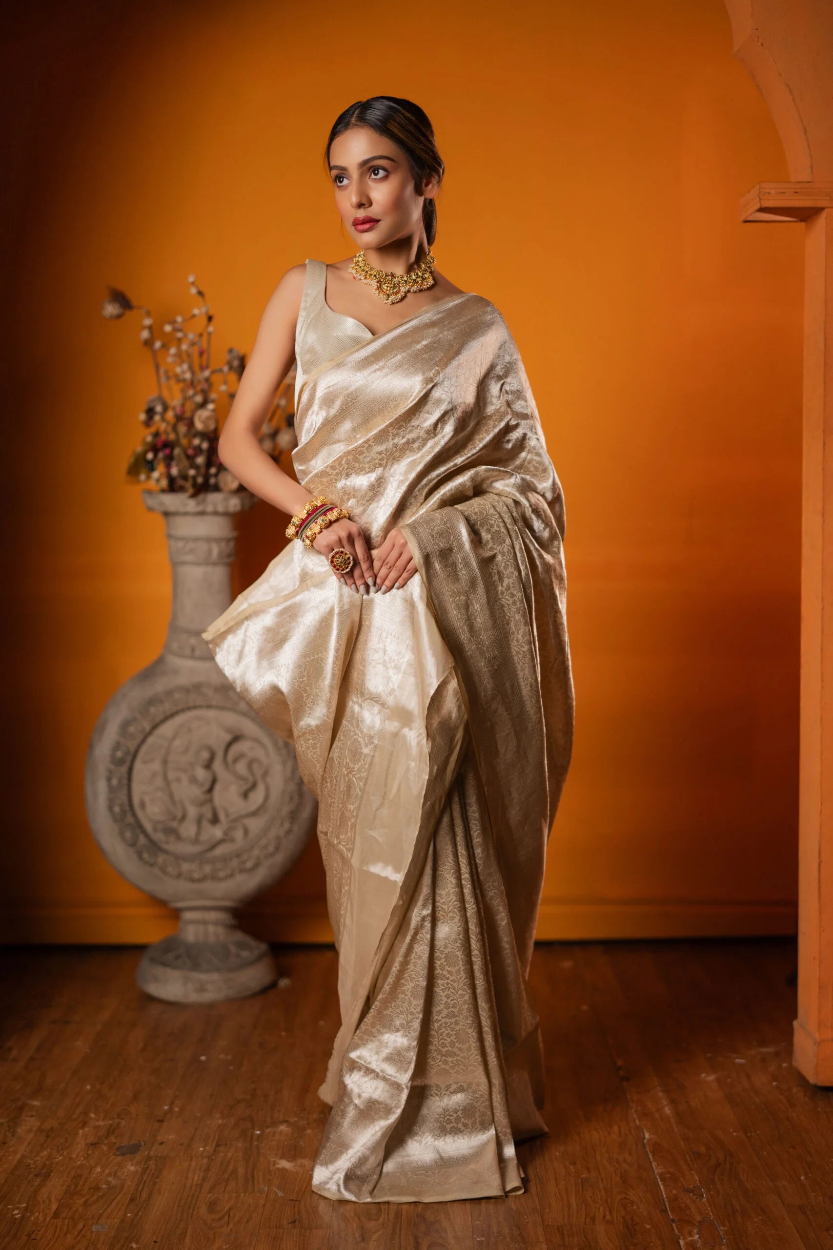Rajat Varn Ivory & Gold Floral Tissue Saree - Ethnic Wear