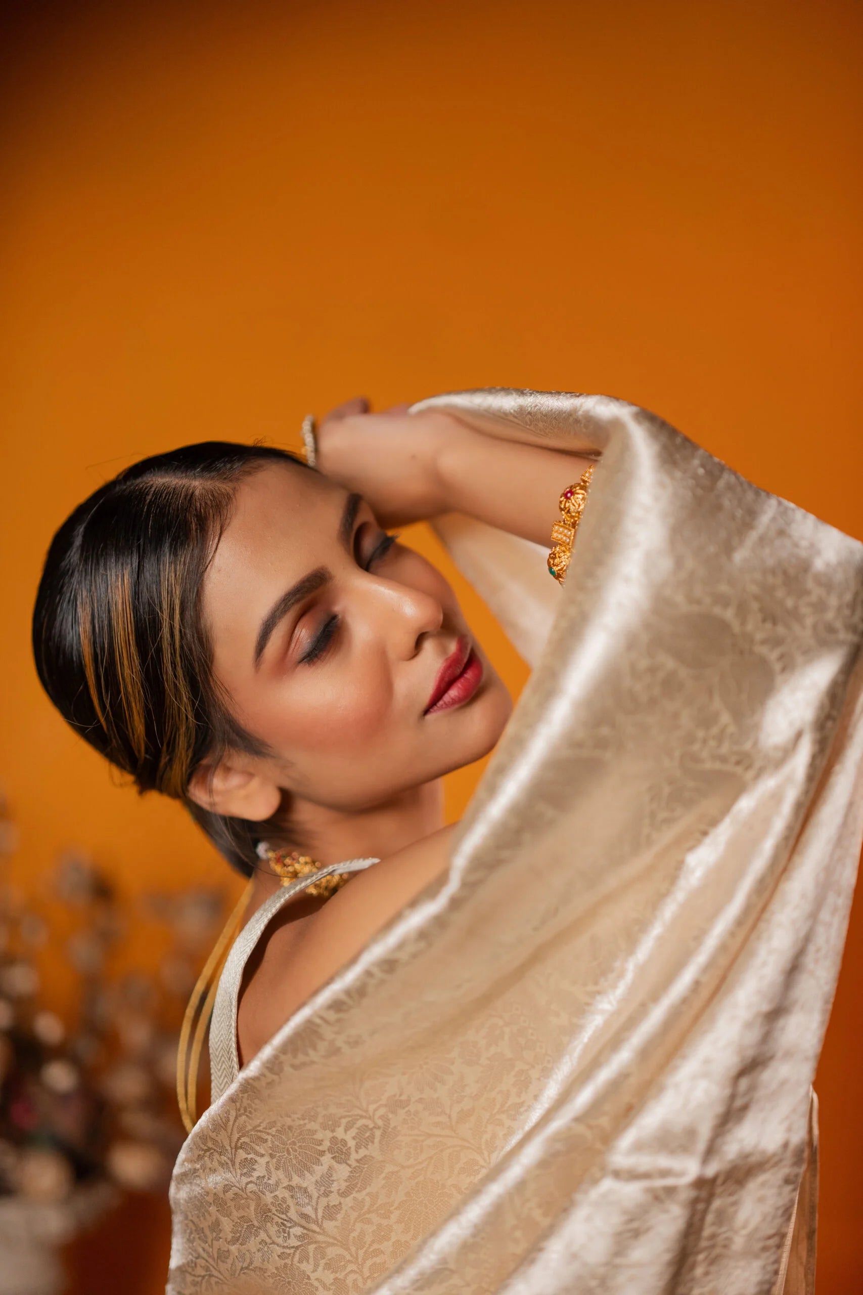 Rajat Varn Ivory & Gold Floral Tissue Saree - Ethnic Wear