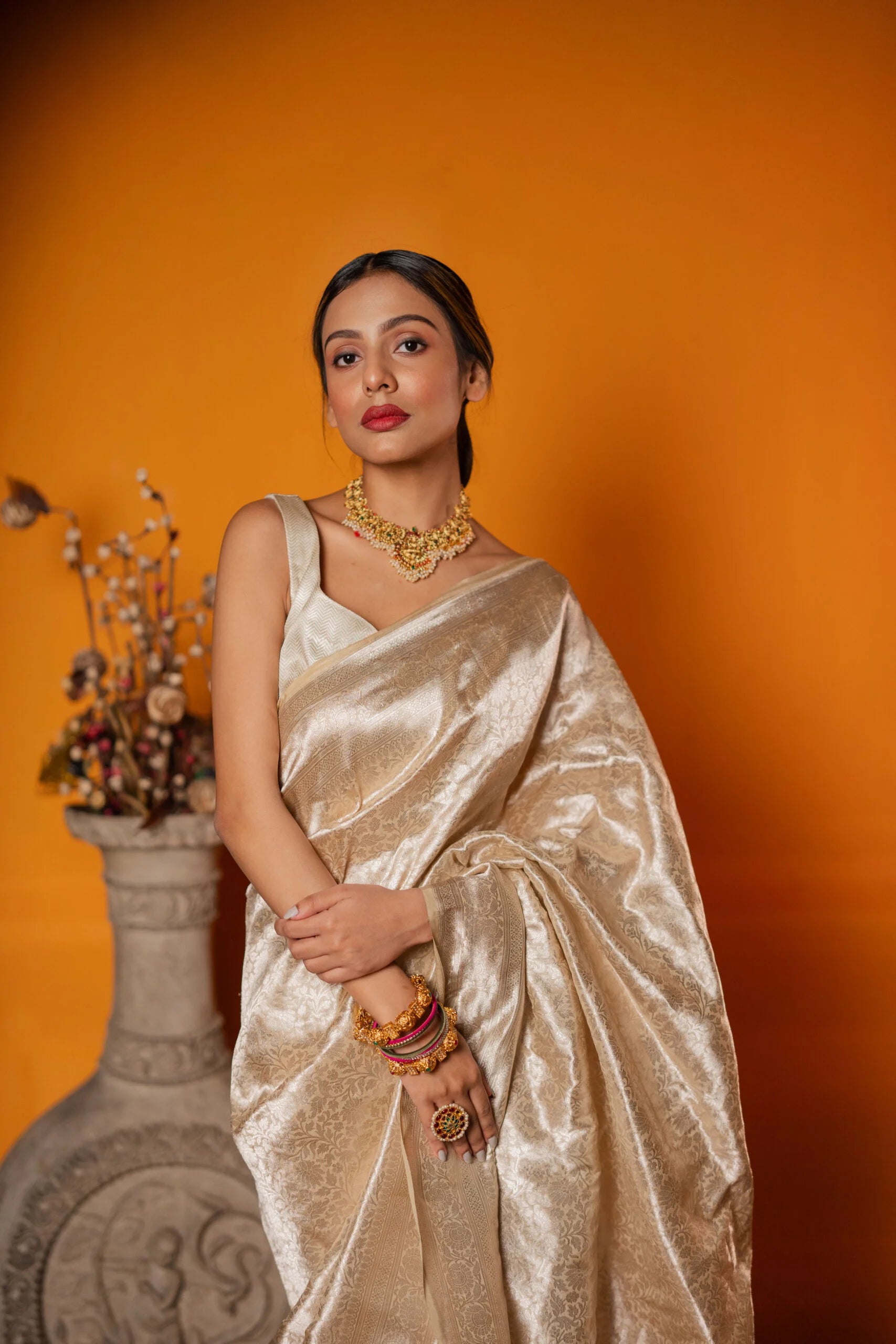 Rajat Varn Ivory & Gold Floral Tissue Saree - Ethnic Wear