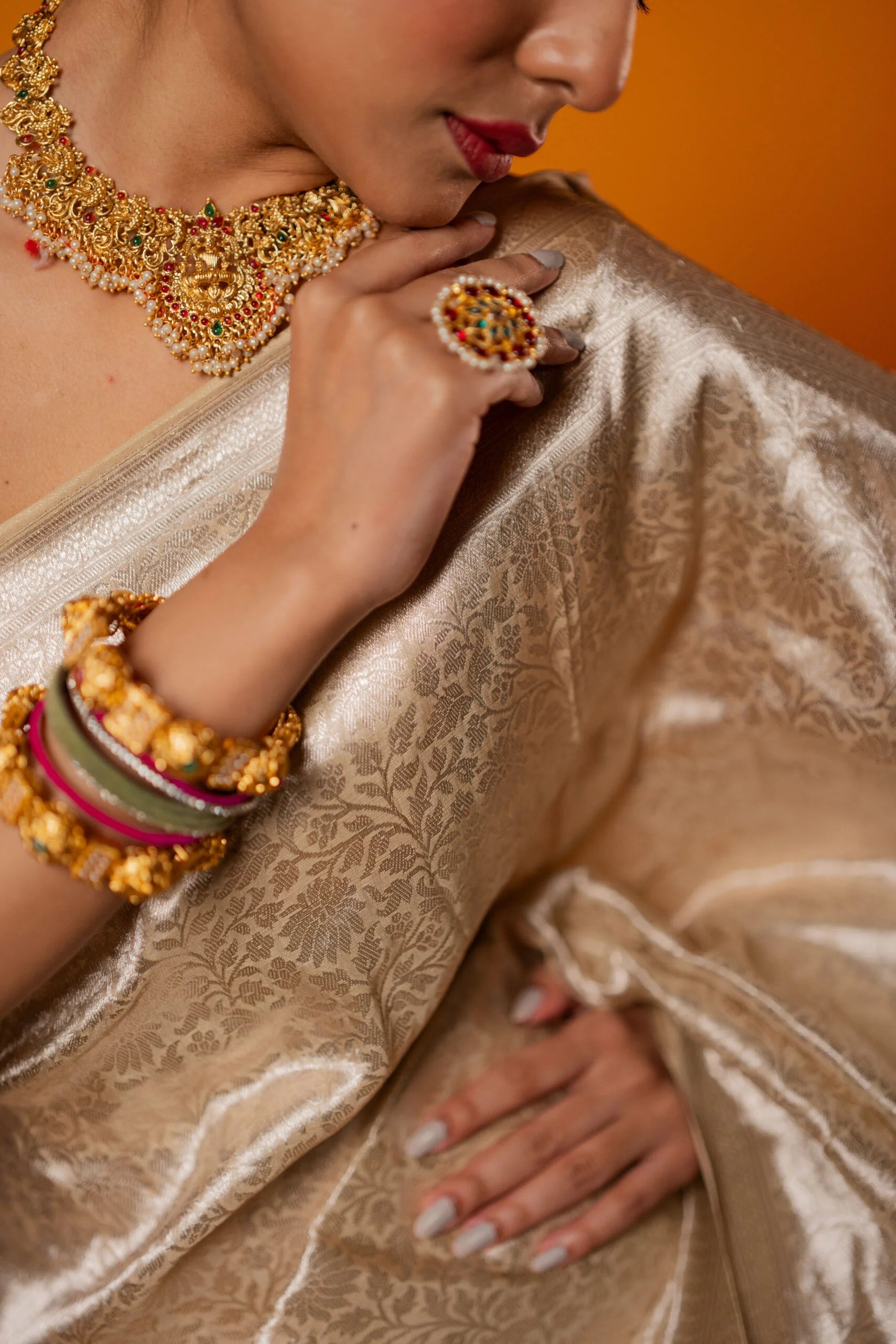 Rajat Varn Ivory & Gold Floral Tissue Saree - Ethnic Wear