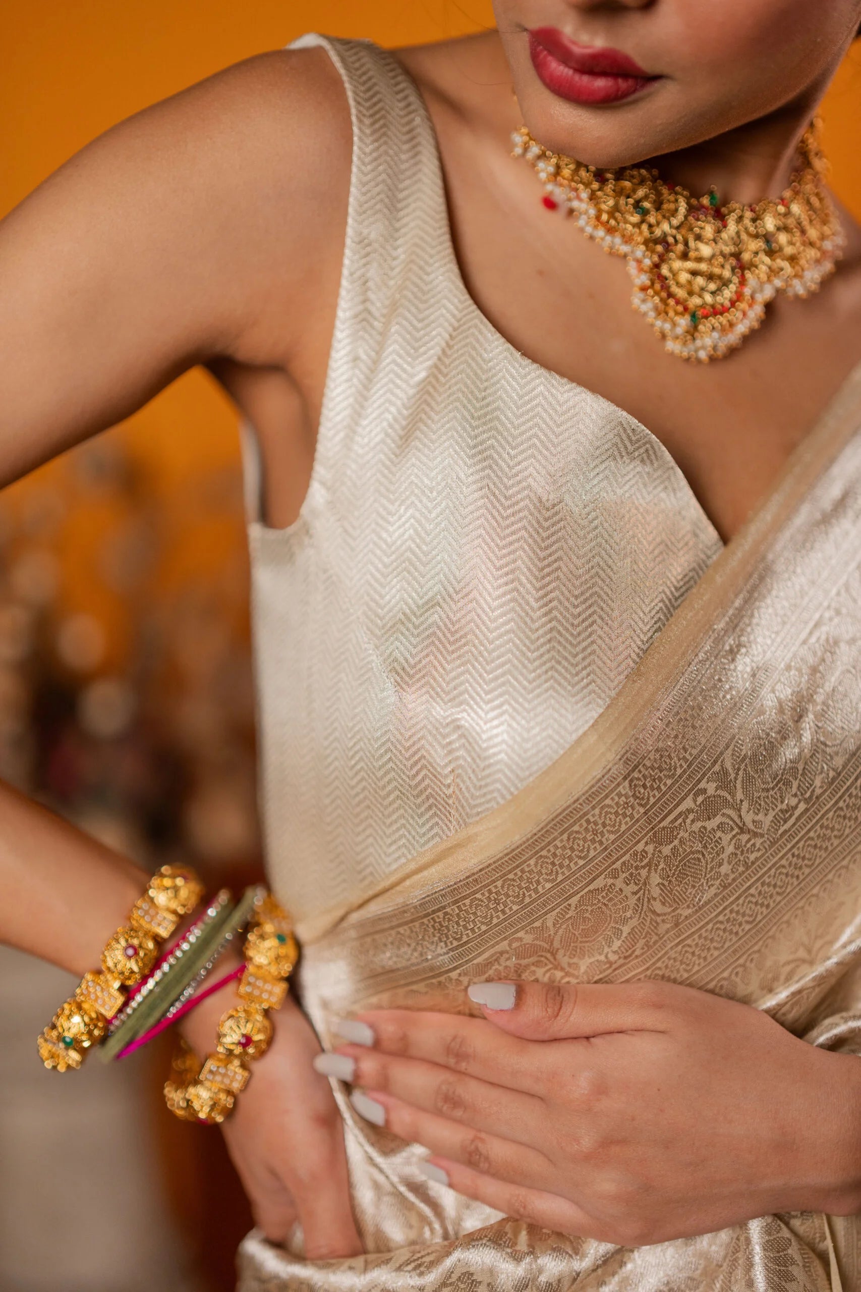 Rajat Varn Ivory & Gold Floral Tissue Saree - Ethnic Wear