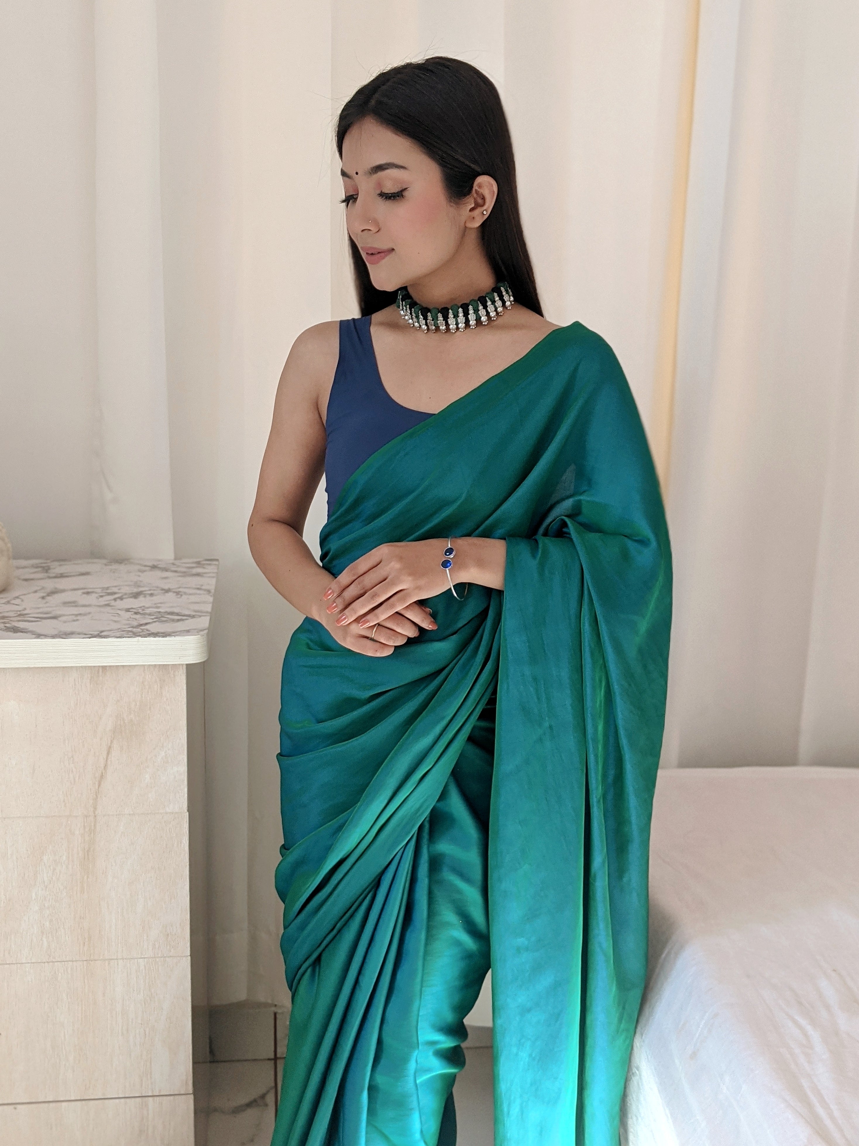 Appealing Teal Blue Dual Tone Reversible Satin Silk Saree