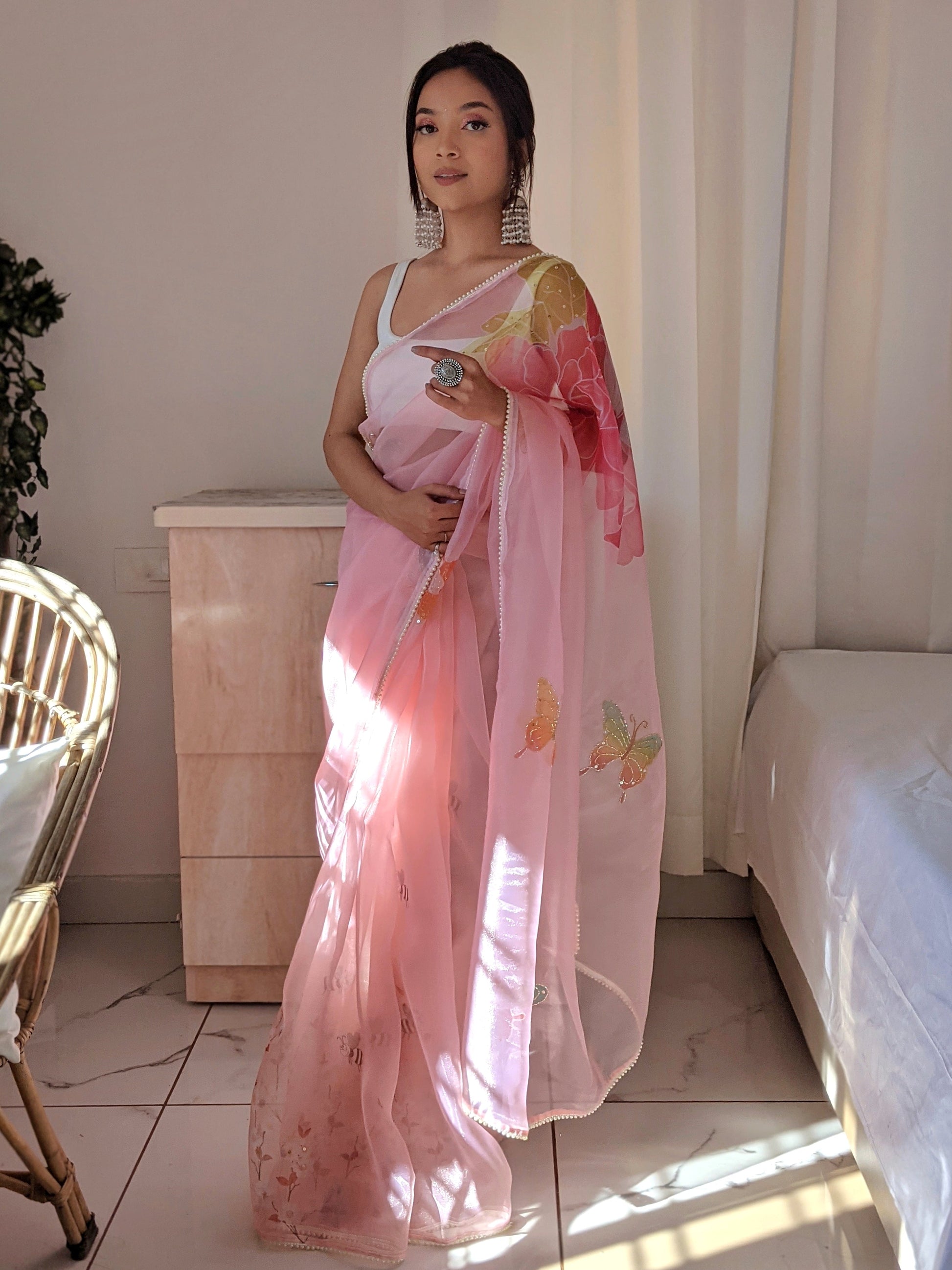 Pretty Pink Organza Handpainted Saree Sequin & Lace Border