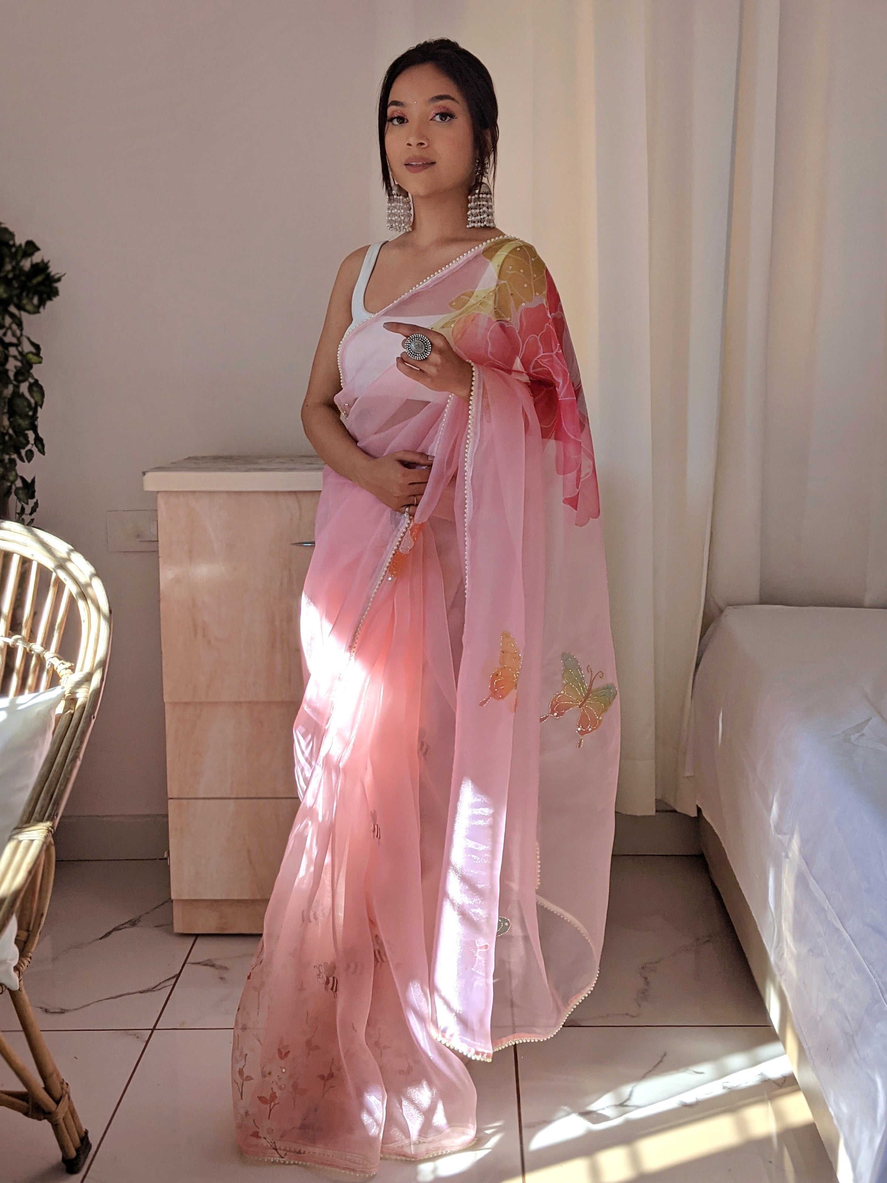 Pretty Pink Organza Handpainted Saree Sequin & Lace Border