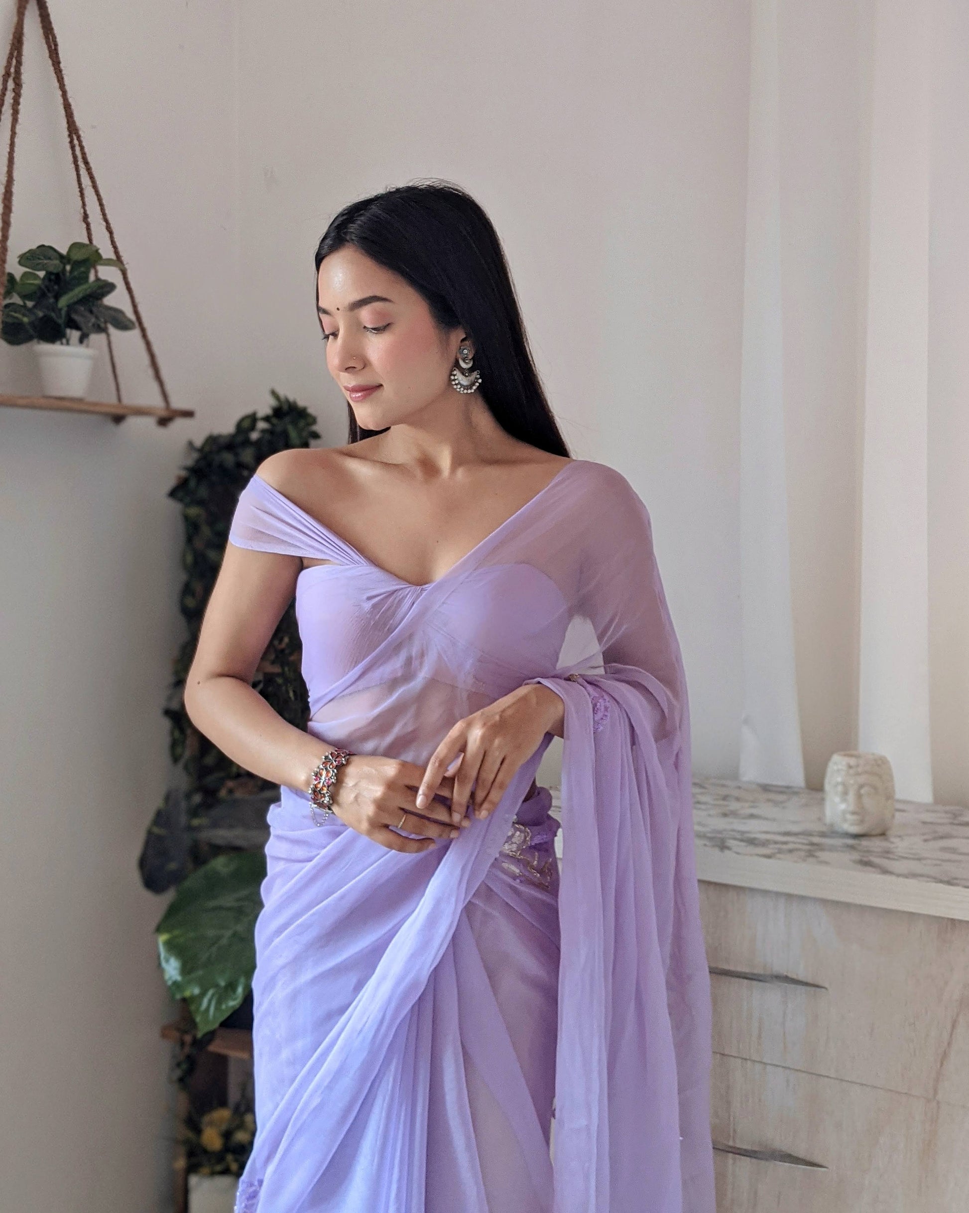Pretty Lavender Chiffon Saree with Elegant Sequin Buttis