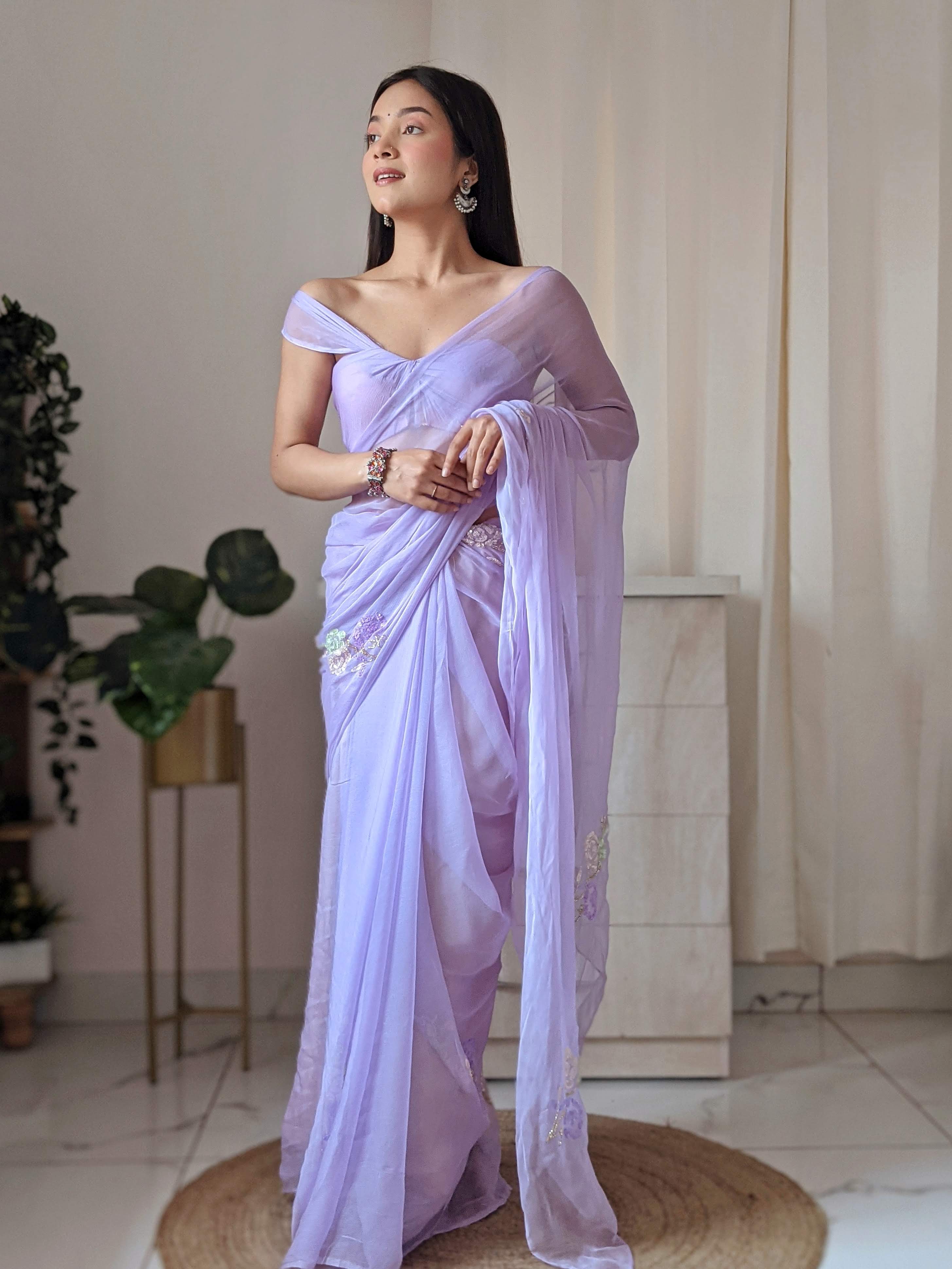 Pretty Lavender Chiffon Saree with Elegant Sequin Buttis