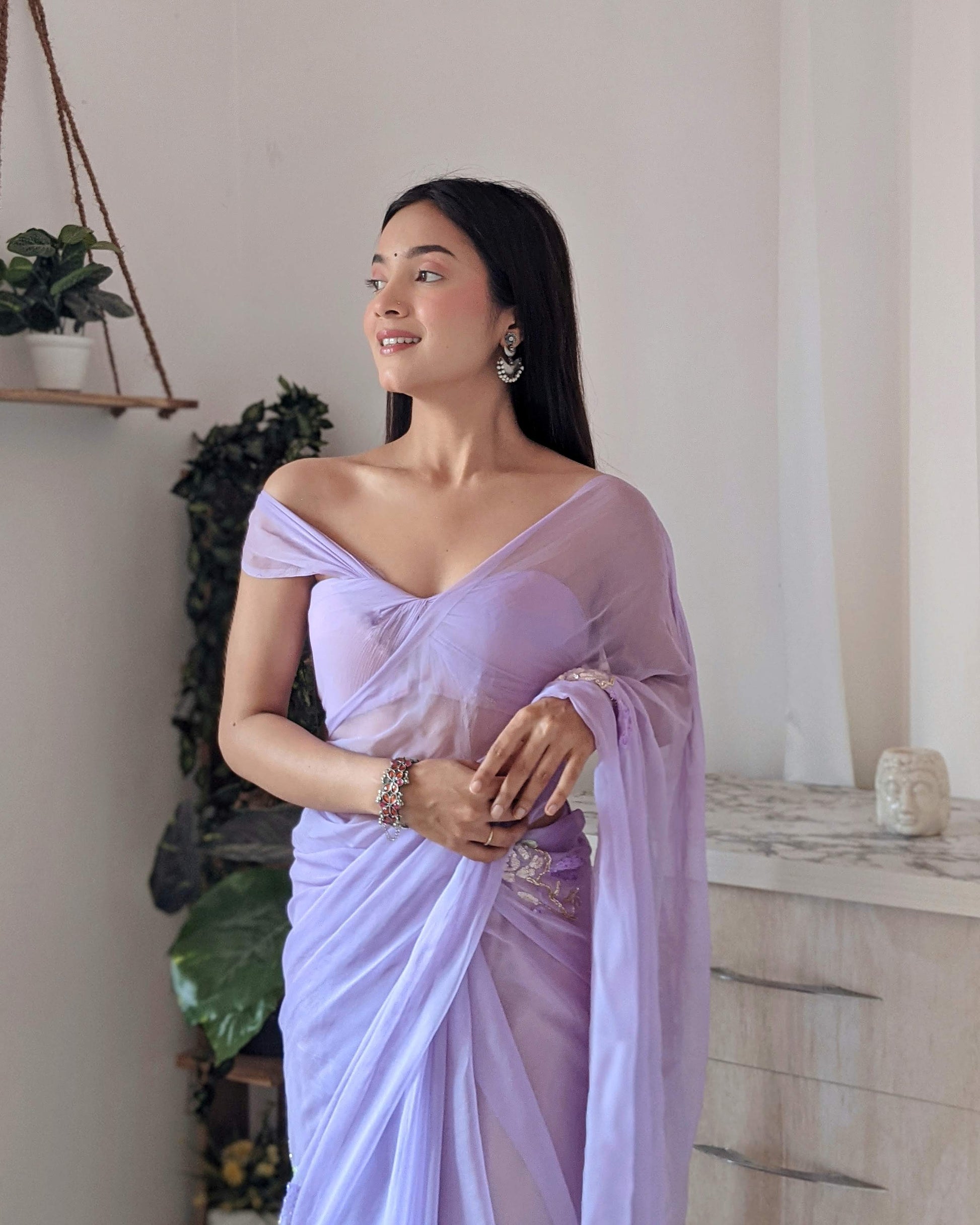 Pretty Lavender Chiffon Saree with Elegant Sequin Buttis