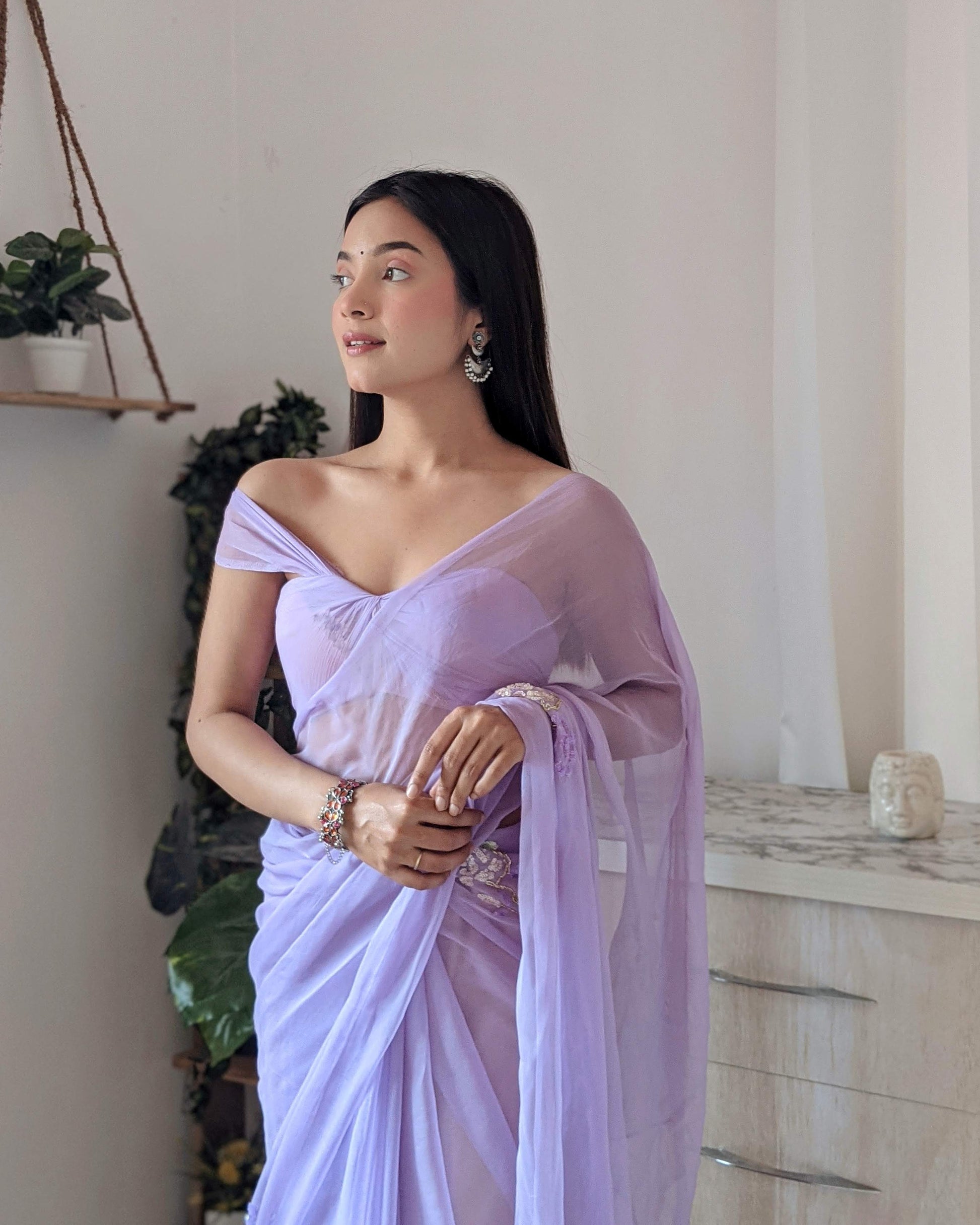 Pretty Lavender Chiffon Saree with Elegant Sequin Buttis