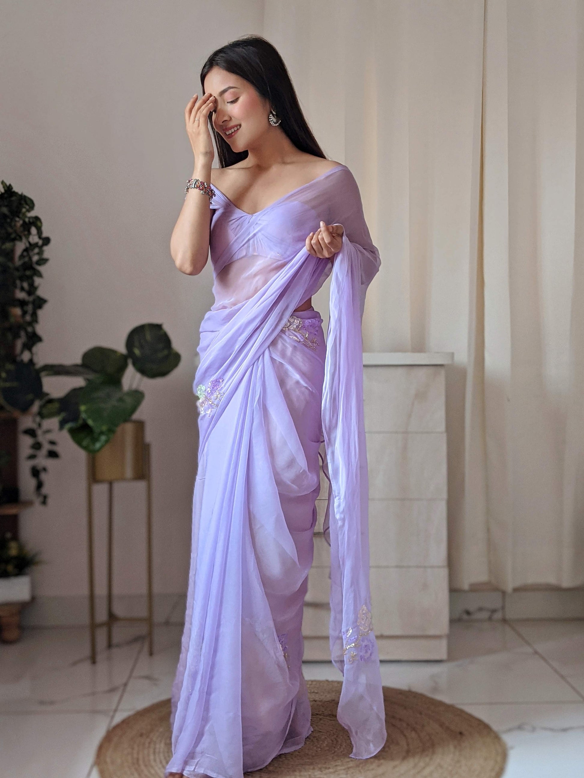 Pretty Lavender Chiffon Saree with Elegant Sequin Buttis