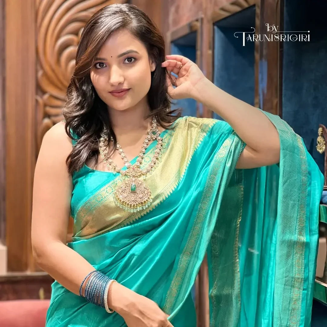Elegant Green Tranquil Sea Chiniya Pattu Silk Saree Hand Embroidery