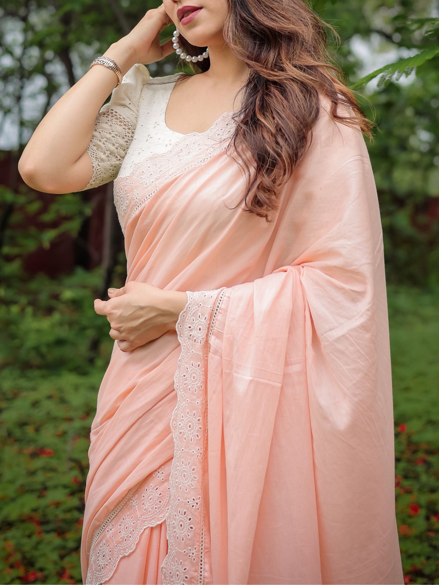 Refined Peach Cotton Lace Border Saree Schiffli Blouse - Saraswati