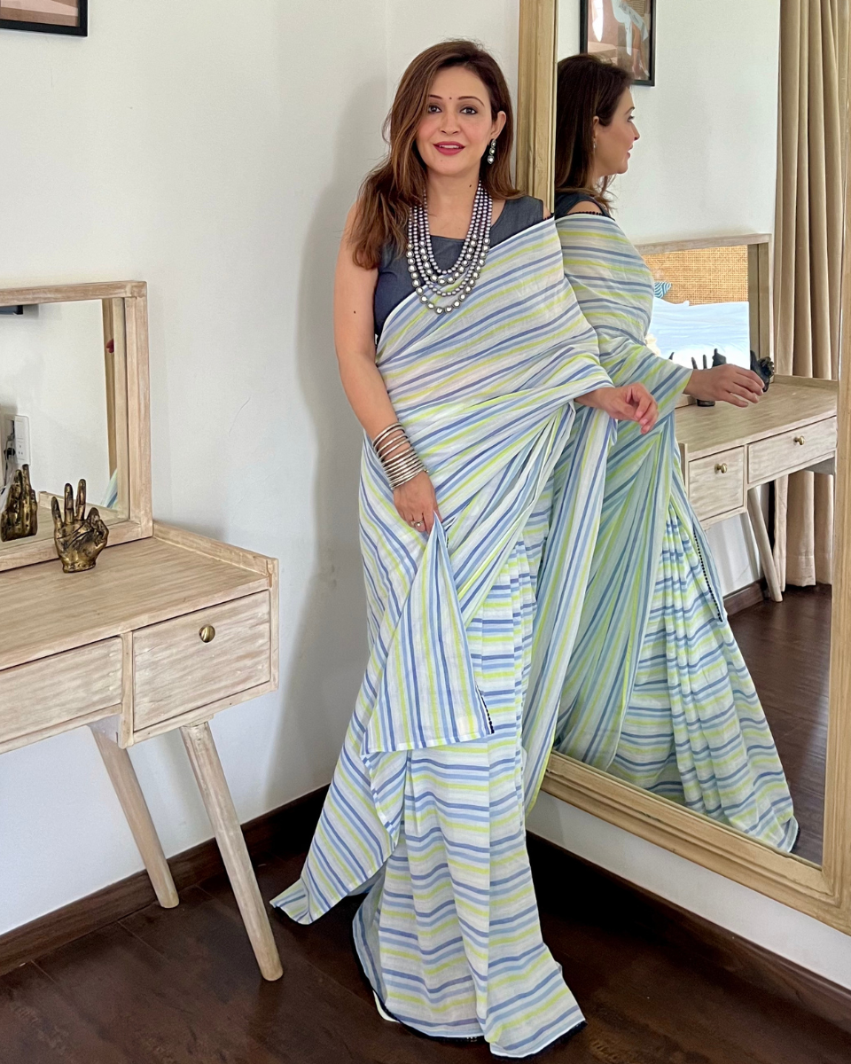 Fairytale Multicolor Blue White Cotton Striped Saree Denim Blouse