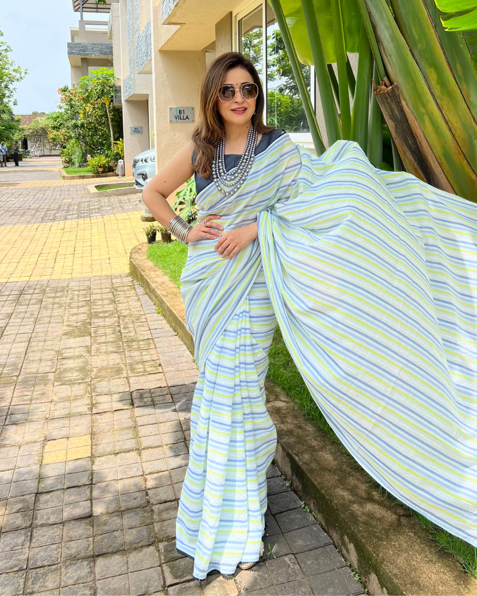 Fairytale Multicolor Blue White Cotton Striped Saree Denim Blouse