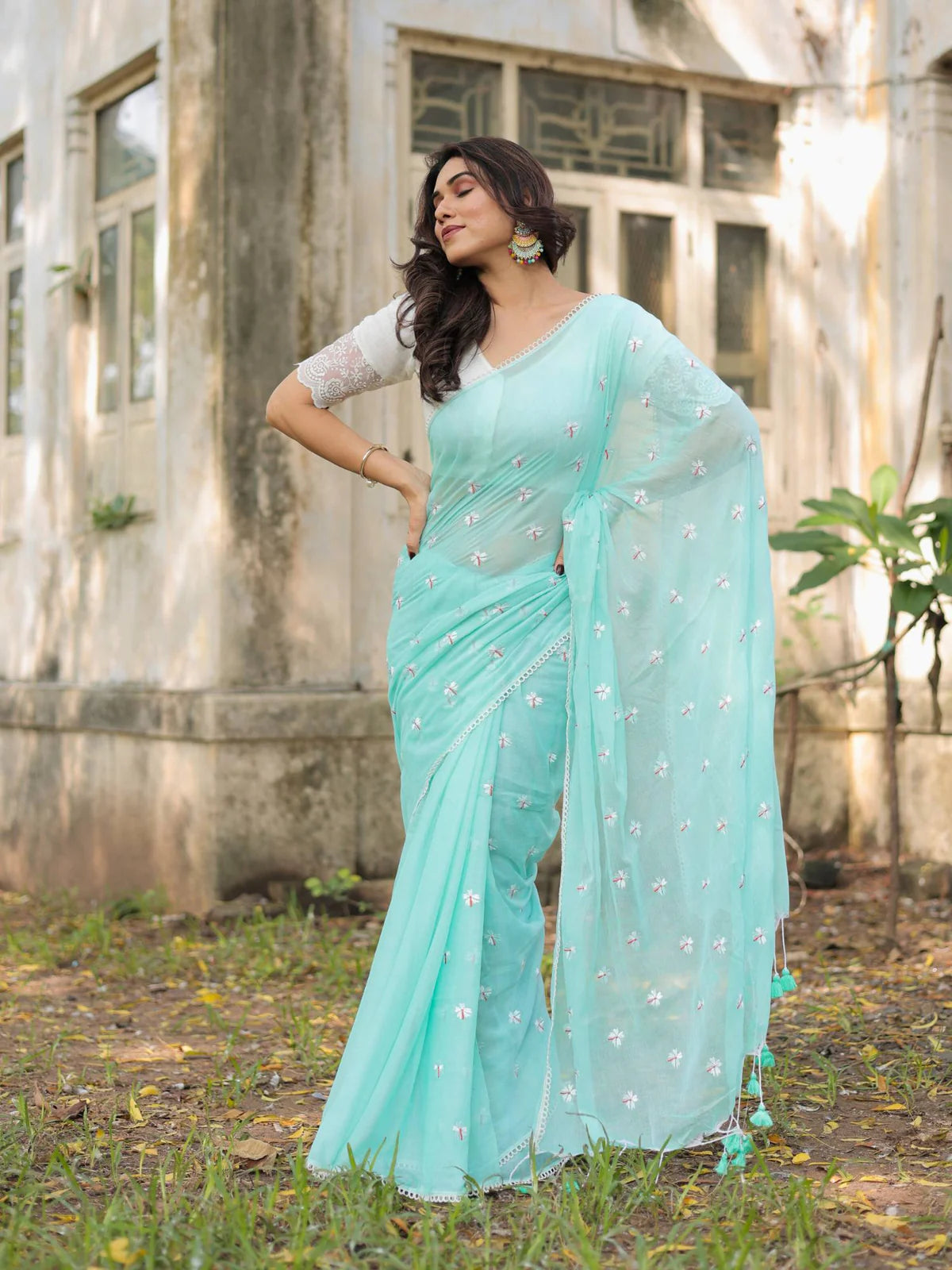 Beautiful Sea Green Mul Cotton Jenny Embroidered Saree Floral Lace