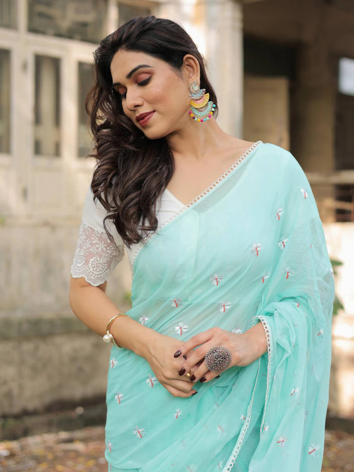 Beautiful Sea Green Mul Cotton Jenny Embroidered Saree Floral Lace