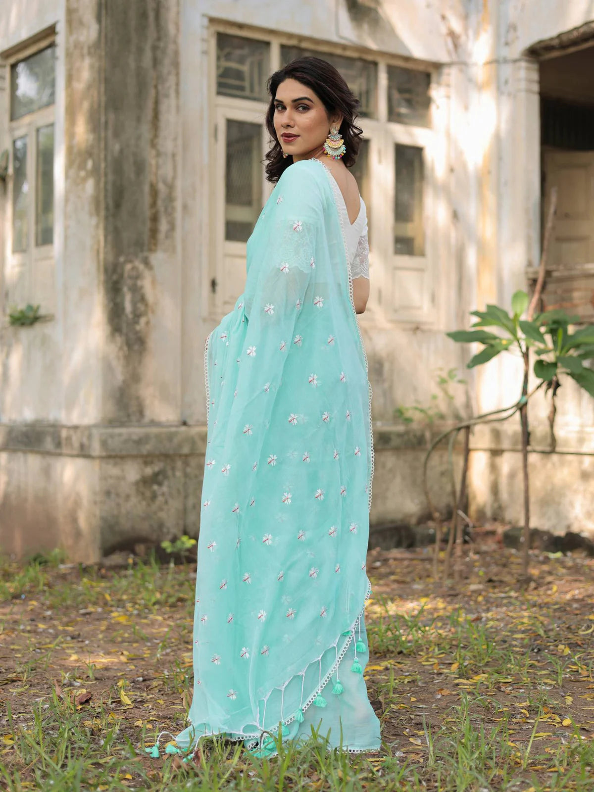 Beautiful Sea Green Mul Cotton Jenny Embroidered Saree Floral Lace