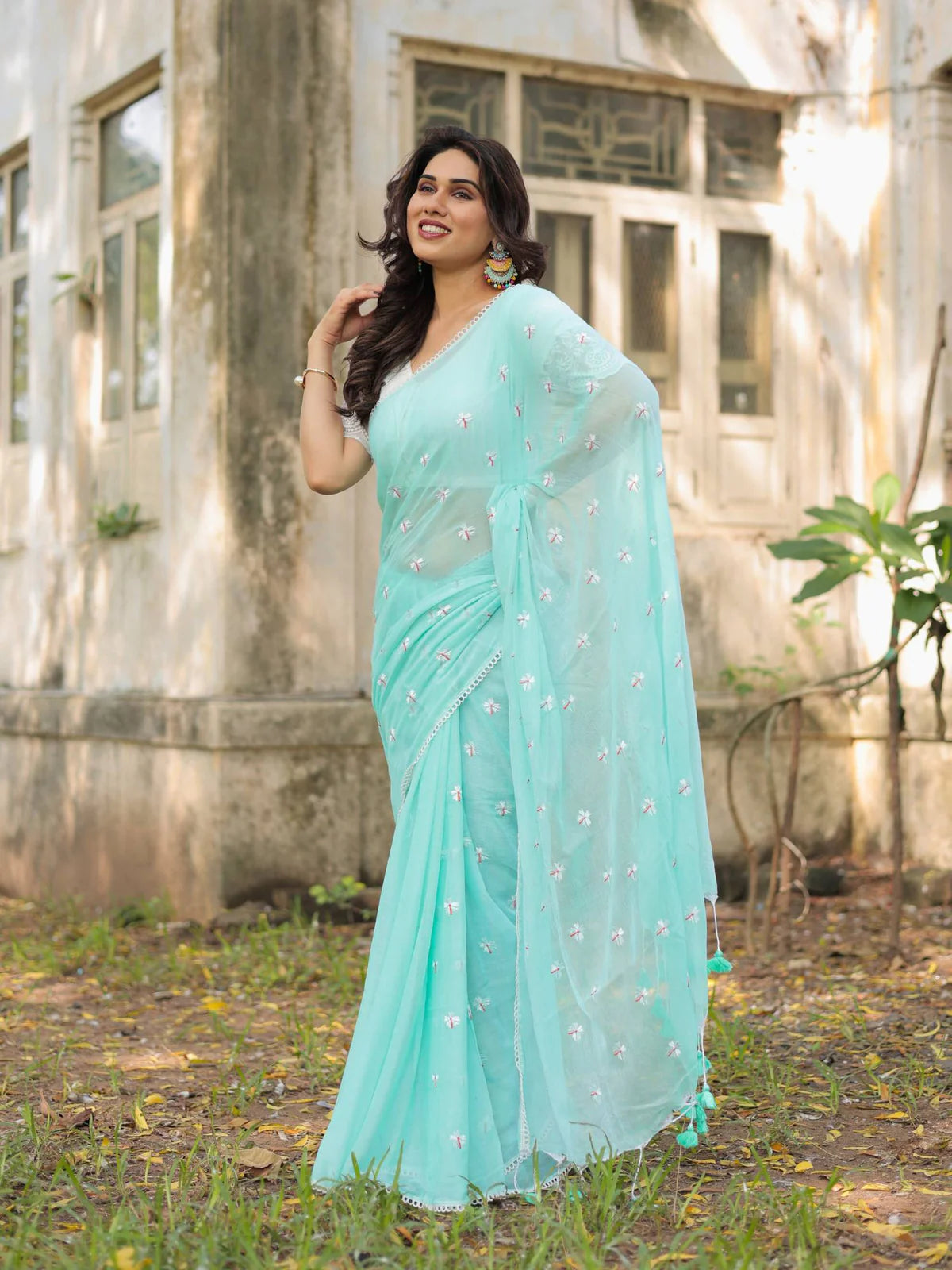 Beautiful Sea Green Mul Cotton Jenny Embroidered Saree Floral Lace