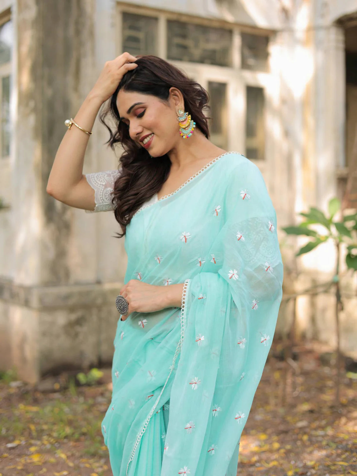 Beautiful Sea Green Mul Cotton Jenny Embroidered Saree Floral Lace