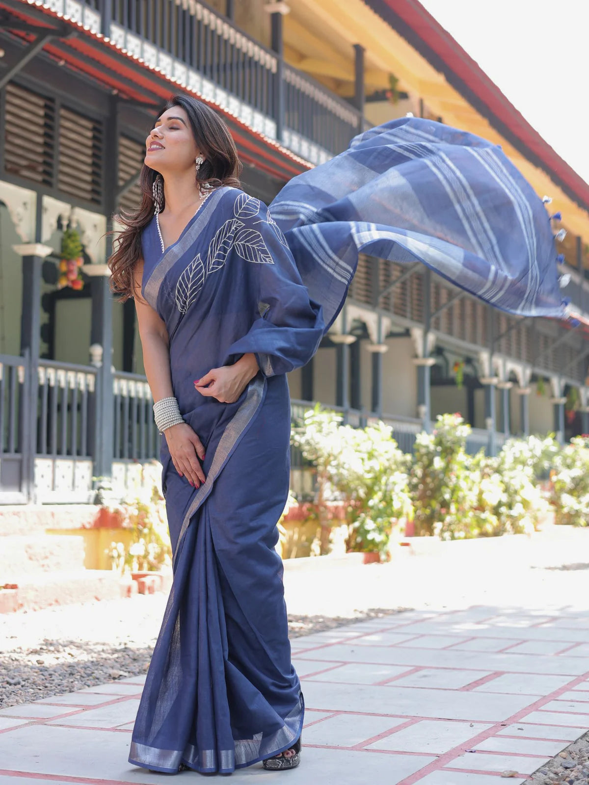 Breathtaking Indigo Blue Slub Cotton Neelam Embroidered Saree