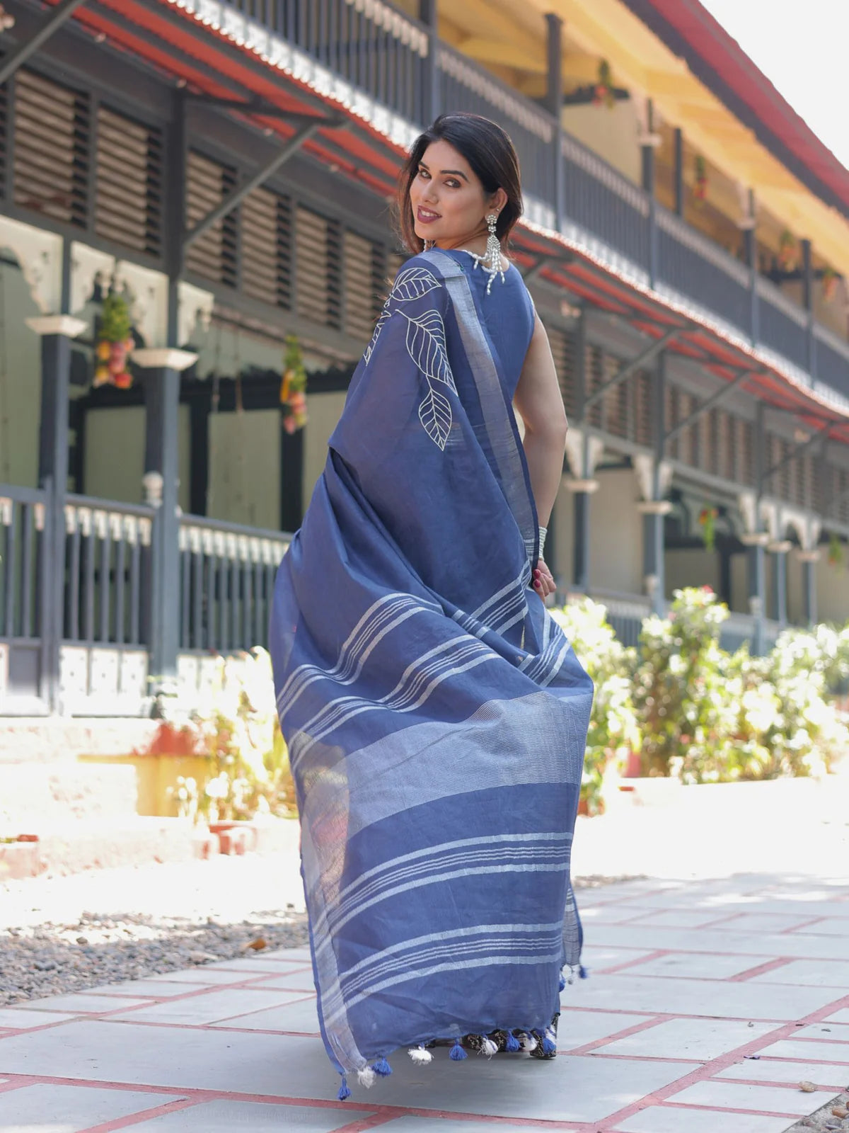 Breathtaking Indigo Blue Slub Cotton Neelam Embroidered Saree