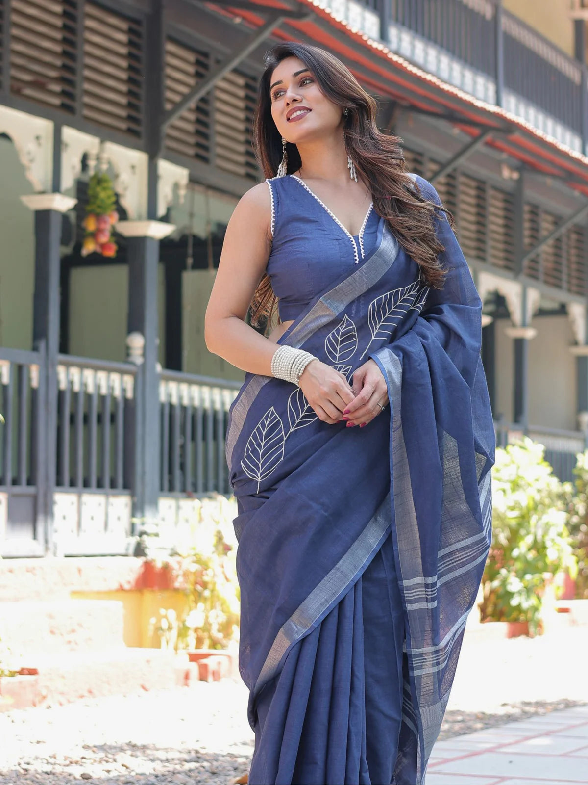 Breathtaking Indigo Blue Slub Cotton Neelam Embroidered Saree
