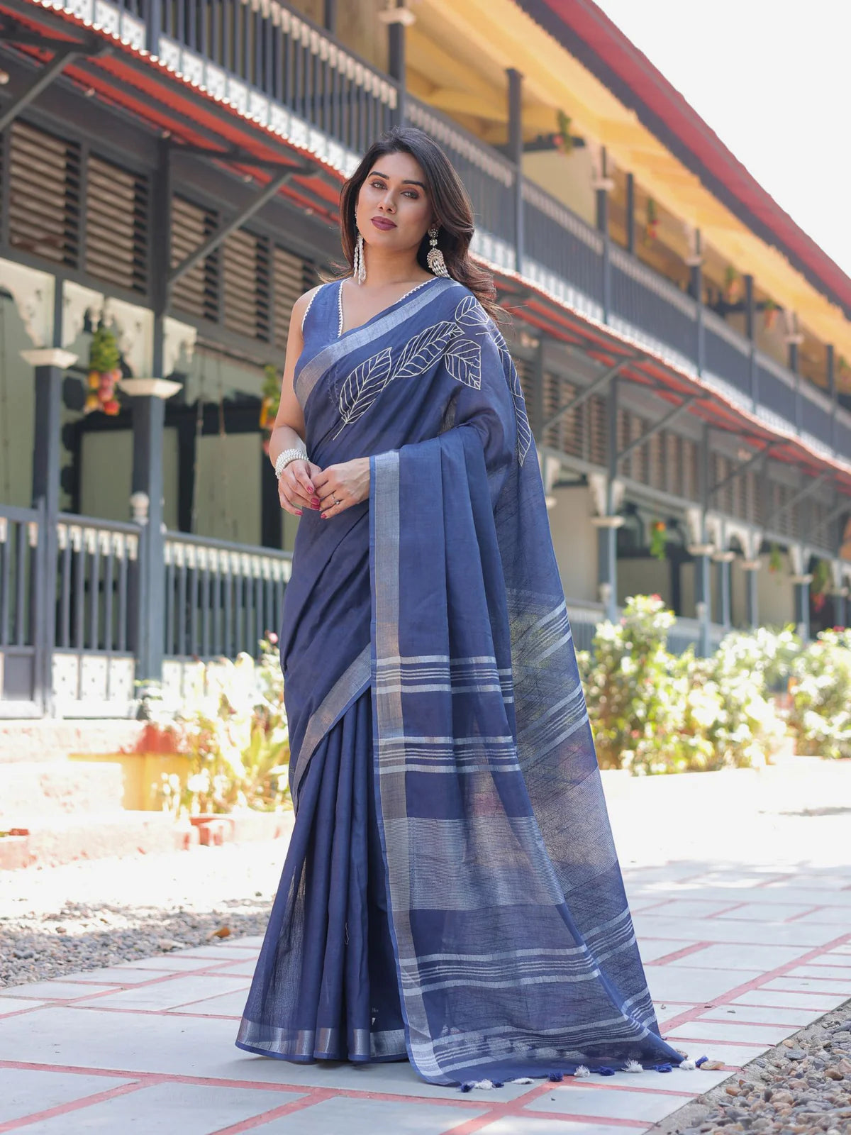 Breathtaking Indigo Blue Slub Cotton Neelam Embroidered Saree