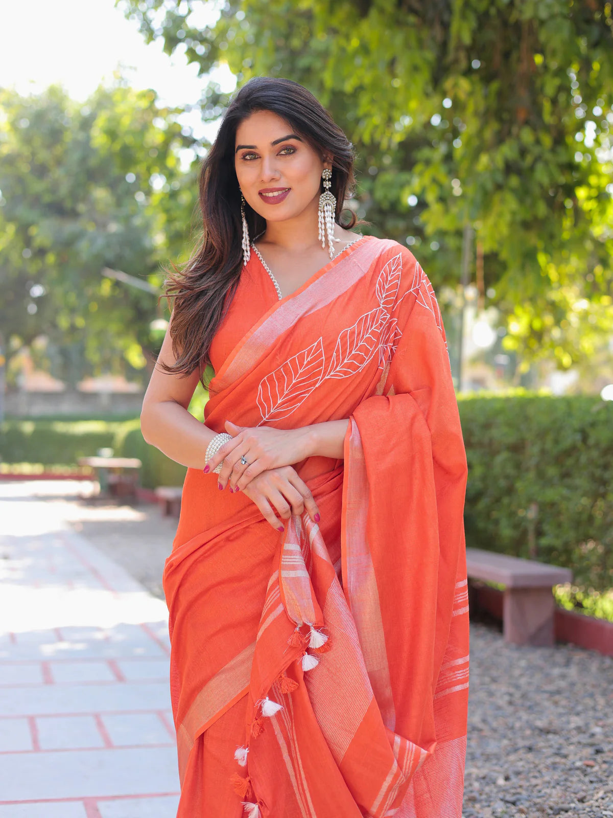 Breathtaking Saffron Orange Slub Cotton Kumkum Embroidered Saree
