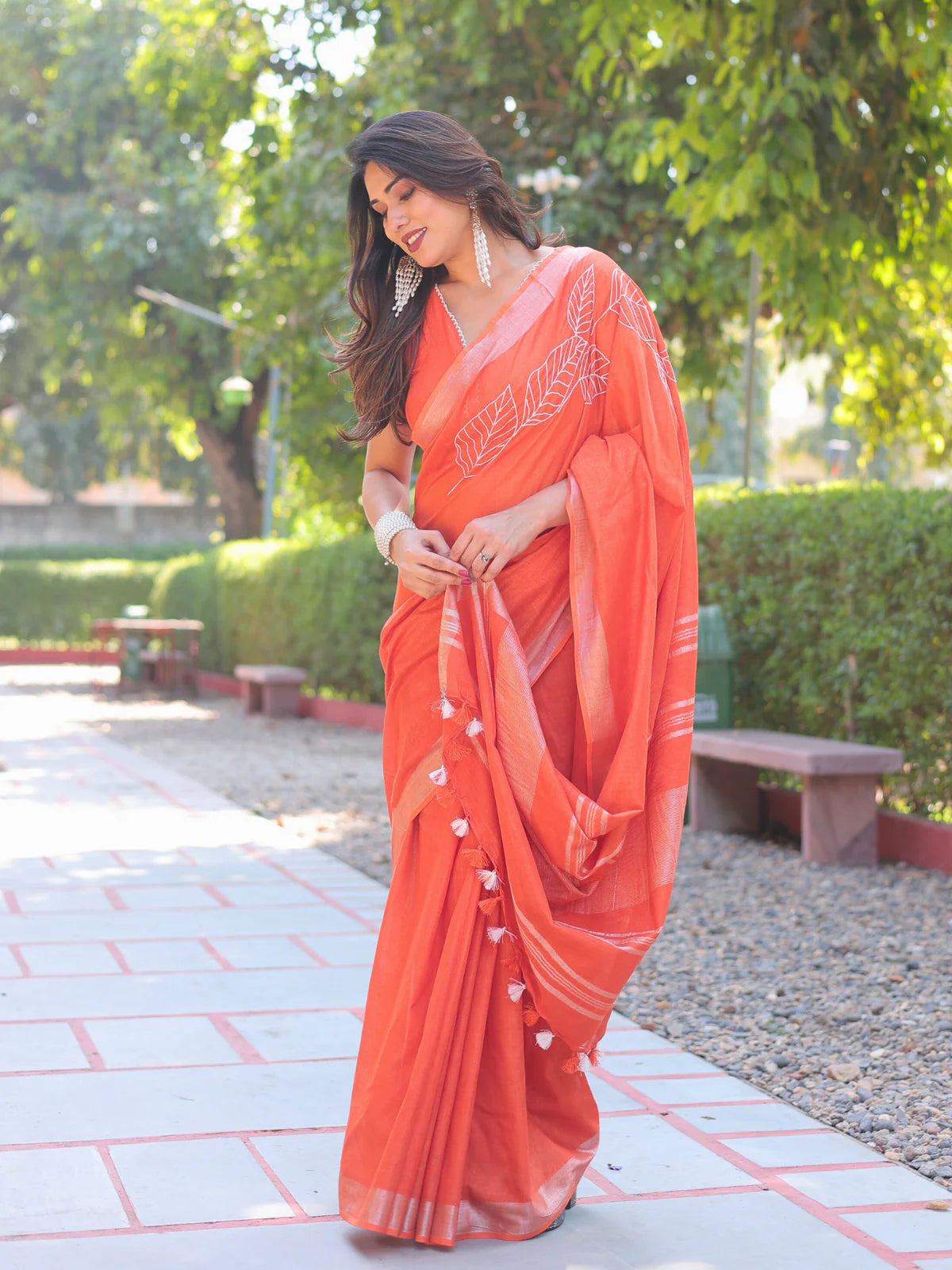 Breathtaking Saffron Orange Slub Cotton Kumkum Embroidered Saree