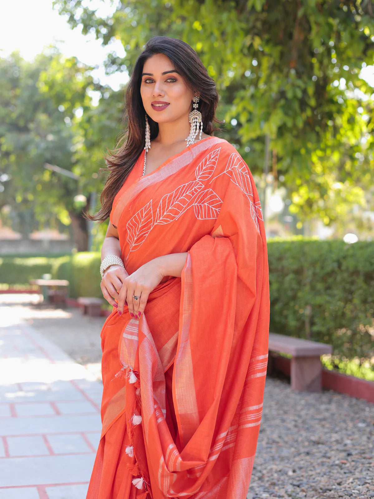 Breathtaking Saffron Orange Slub Cotton Kumkum Embroidered Saree
