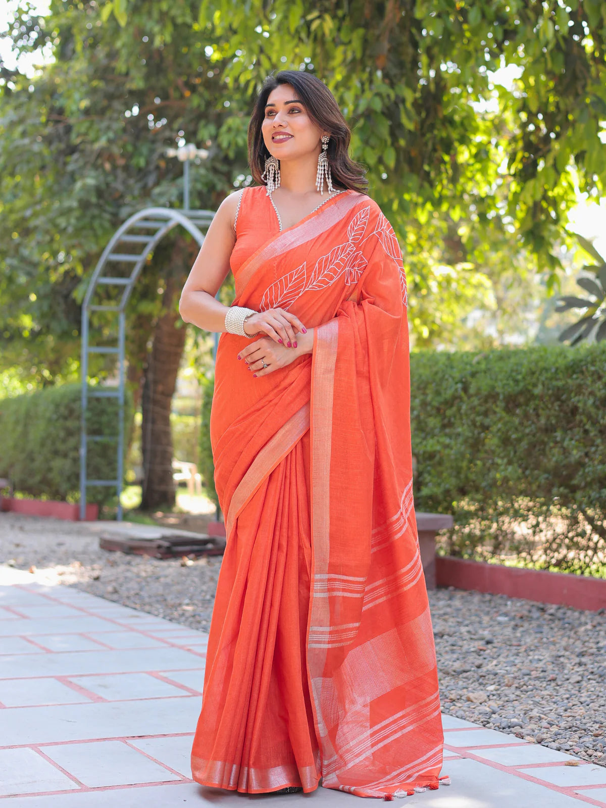 Breathtaking Saffron Orange Slub Cotton Kumkum Embroidered Saree