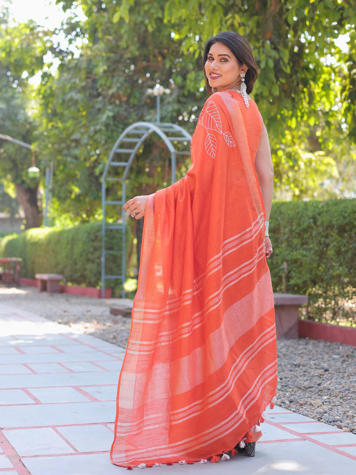 Breathtaking Saffron Orange Slub Cotton Kumkum Embroidered Saree