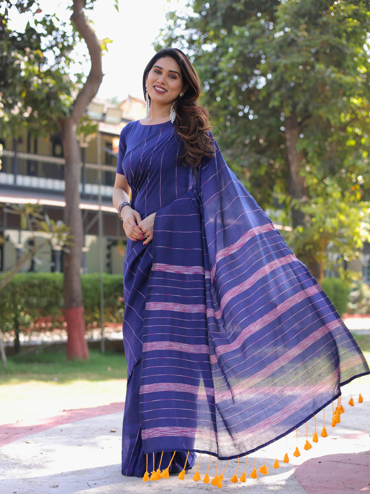 Stunning Electric Blue Kotki Cotton Banjara Saree Tassels