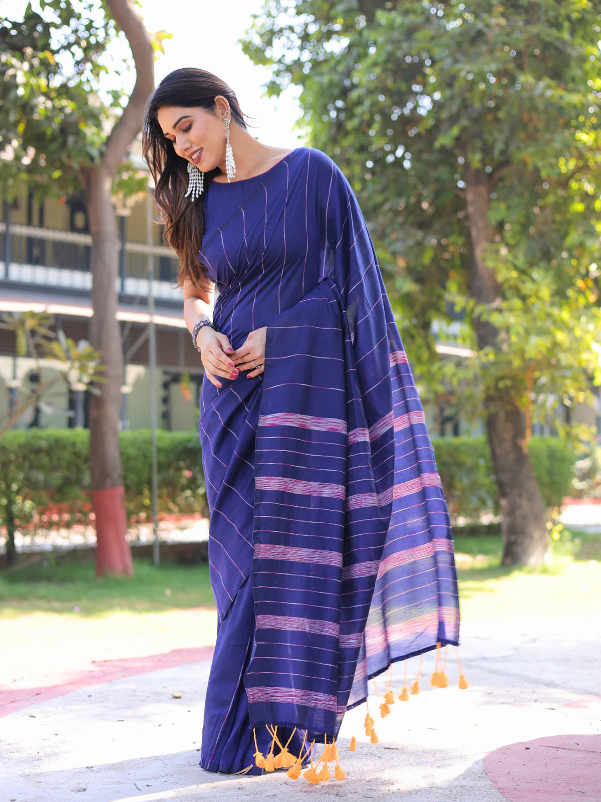 Stunning Electric Blue Kotki Cotton Banjara Saree Tassels