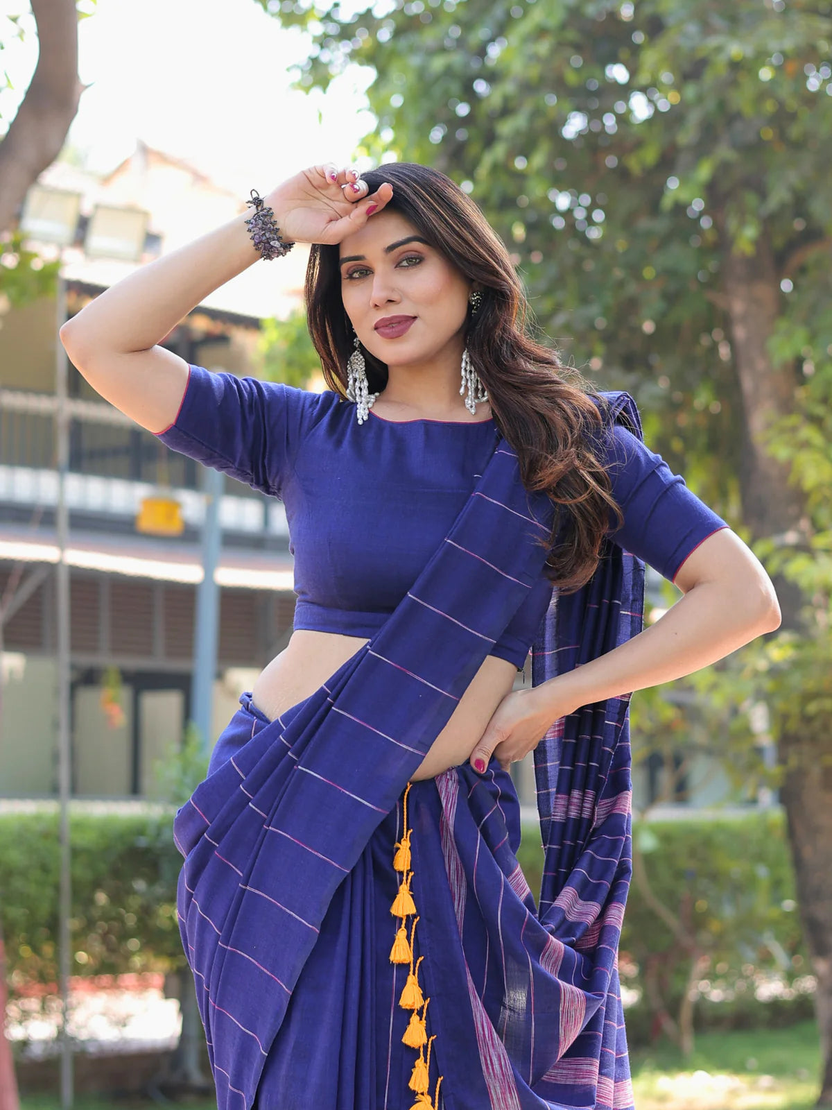 Stunning Electric Blue Kotki Cotton Banjara Saree Tassels