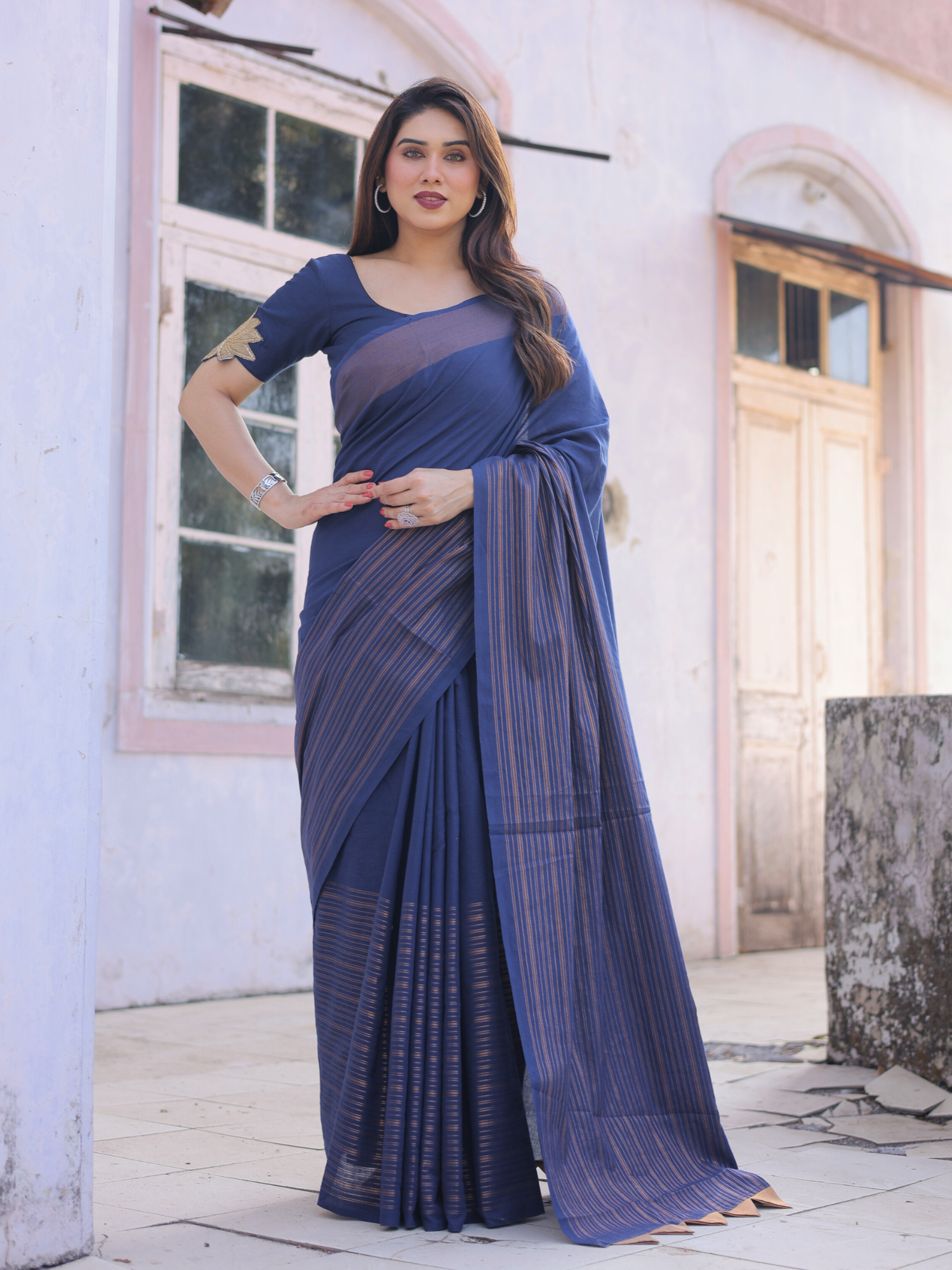 Midnight Bloom Cotton Saree With Embroidered Blouse