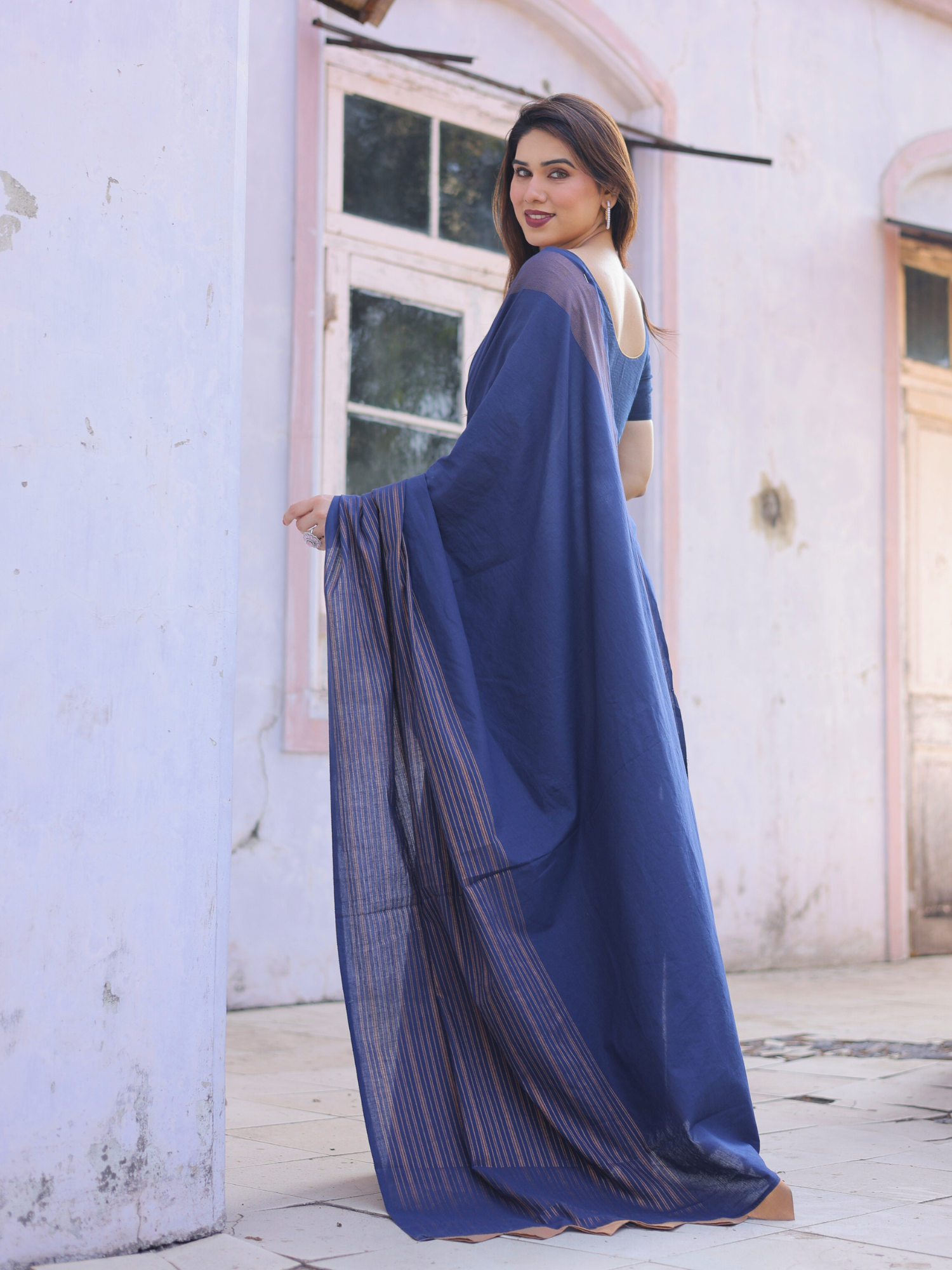 Midnight Bloom Cotton Saree With Embroidered Blouse