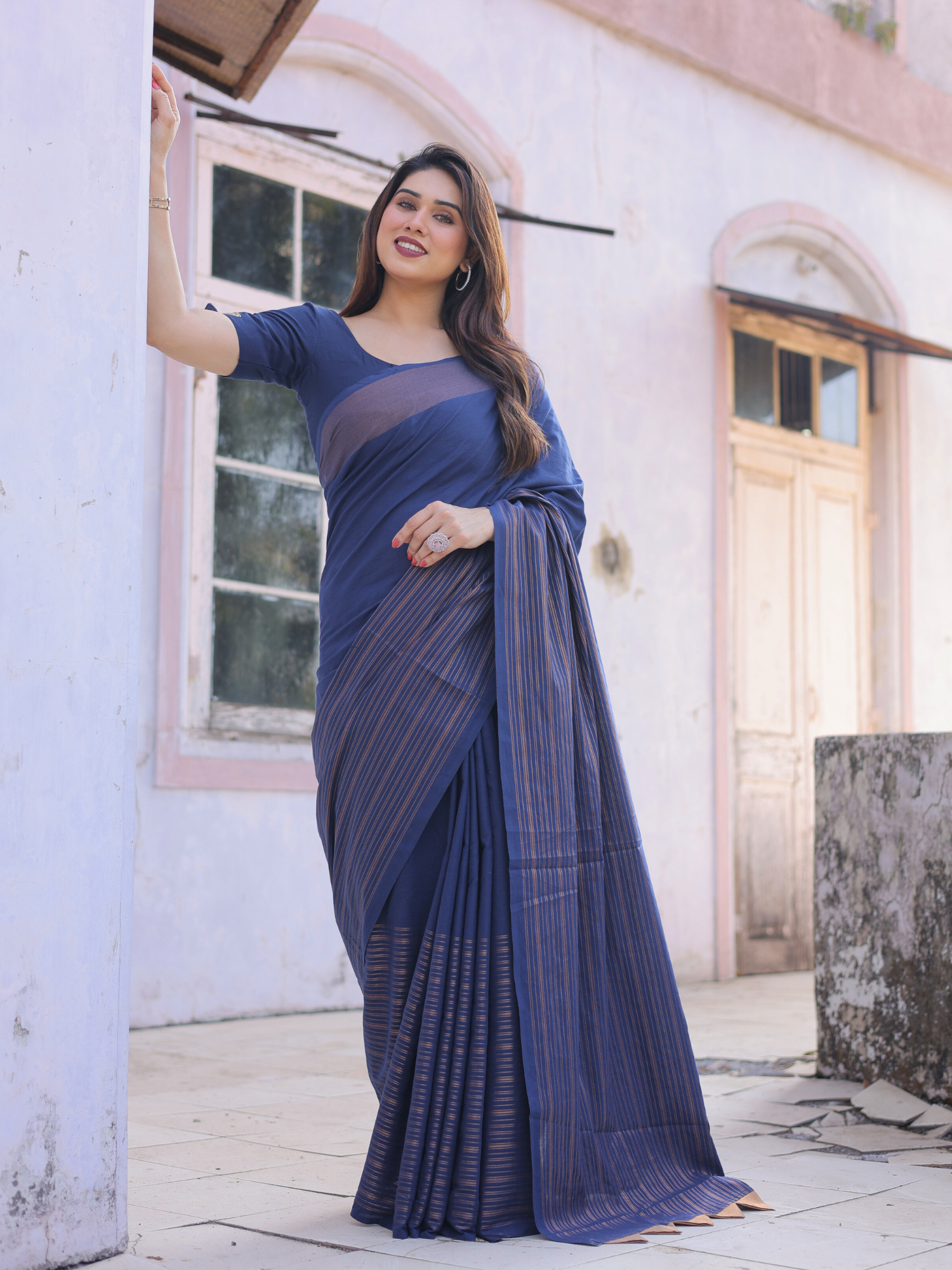 Midnight Bloom Cotton Saree With Embroidered Blouse