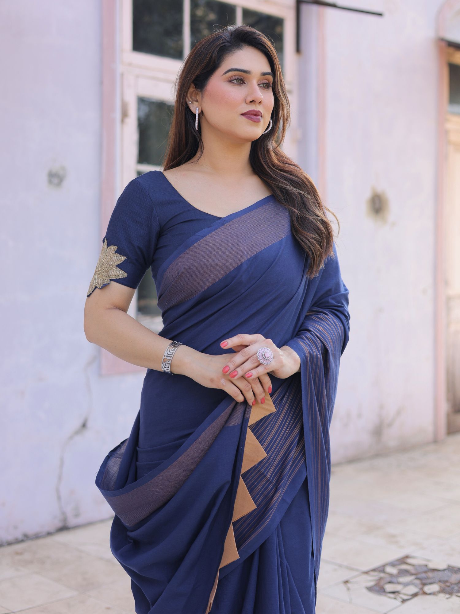 Midnight Bloom Cotton Saree With Embroidered Blouse