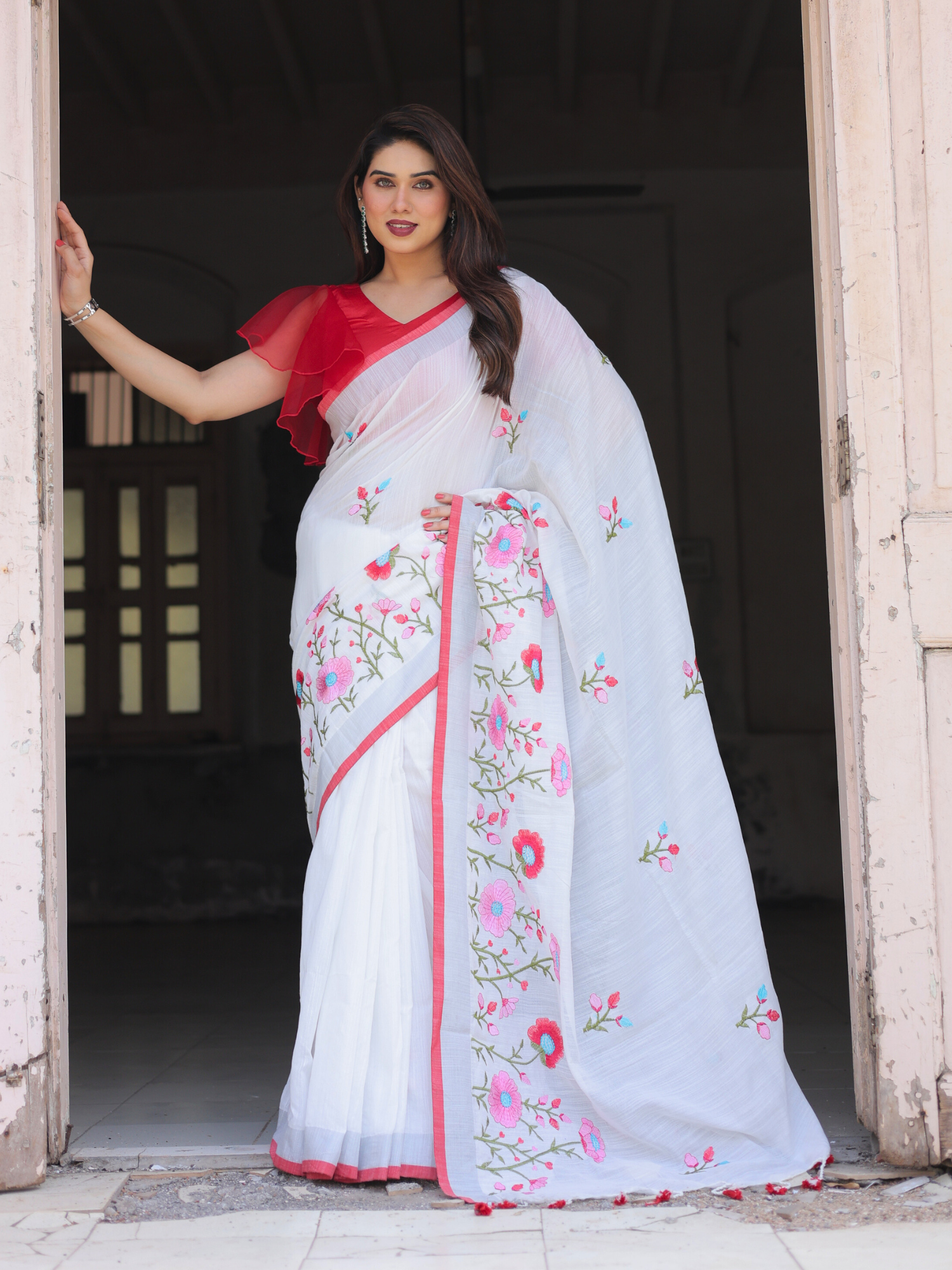 Poppy fields cotton saree with contrast blouse